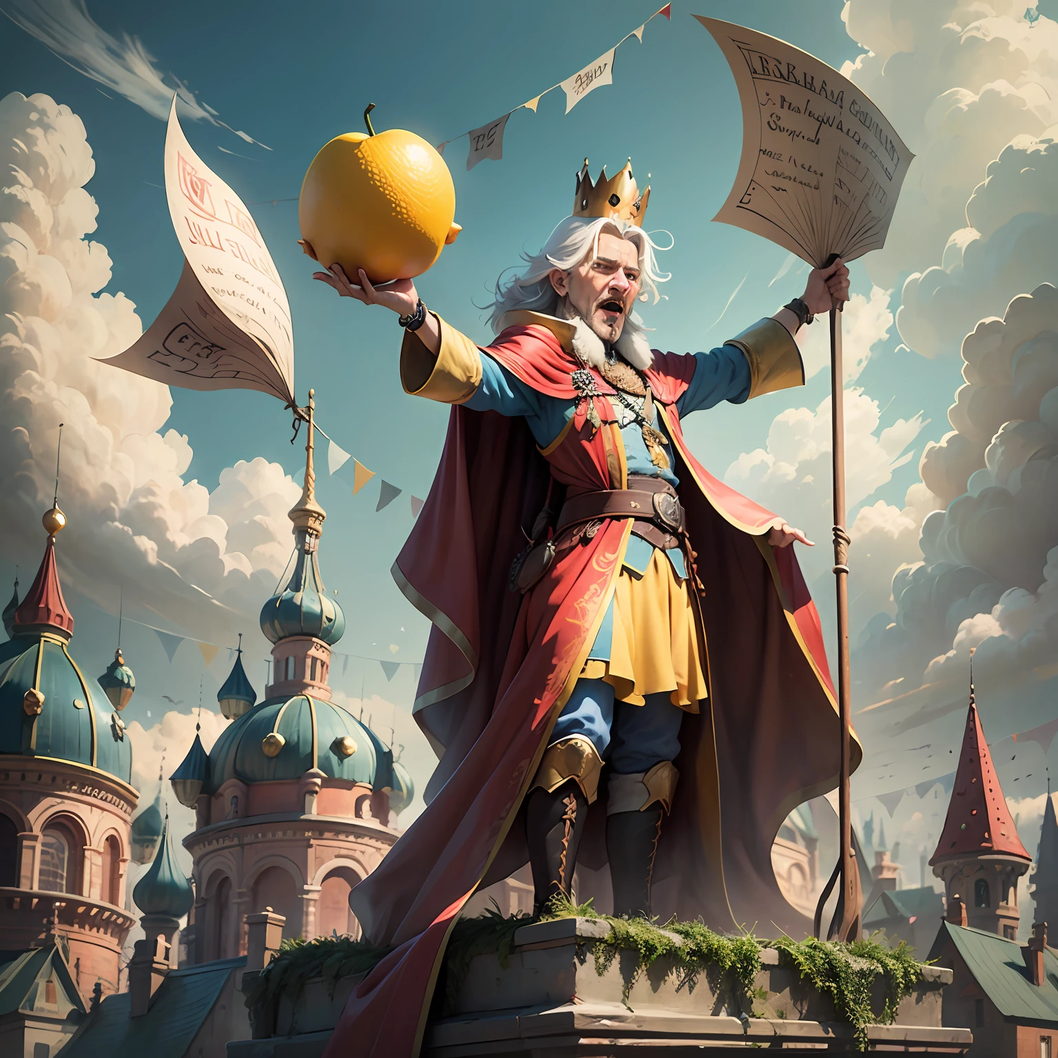 Italian fairy tale. 1200 years. All characters are fruits. Fruit Lemon with a face, ruthless, evil, greedy and cruel ruler who does not care about his people. Standing on the podium and waving his arms. Thin long mustache. On the head is a small crown. Looks at everyone from top to bottom and yells slogans. Yellow royal clothes, with an award wide ribbon with orders. Red cape-cloak. Red high boots. Cartoon in the style of Disney Pixar. super photorealistic. Pastel muted colors. Urban blurred background, blue sky and clouds. DVD --auto --s2