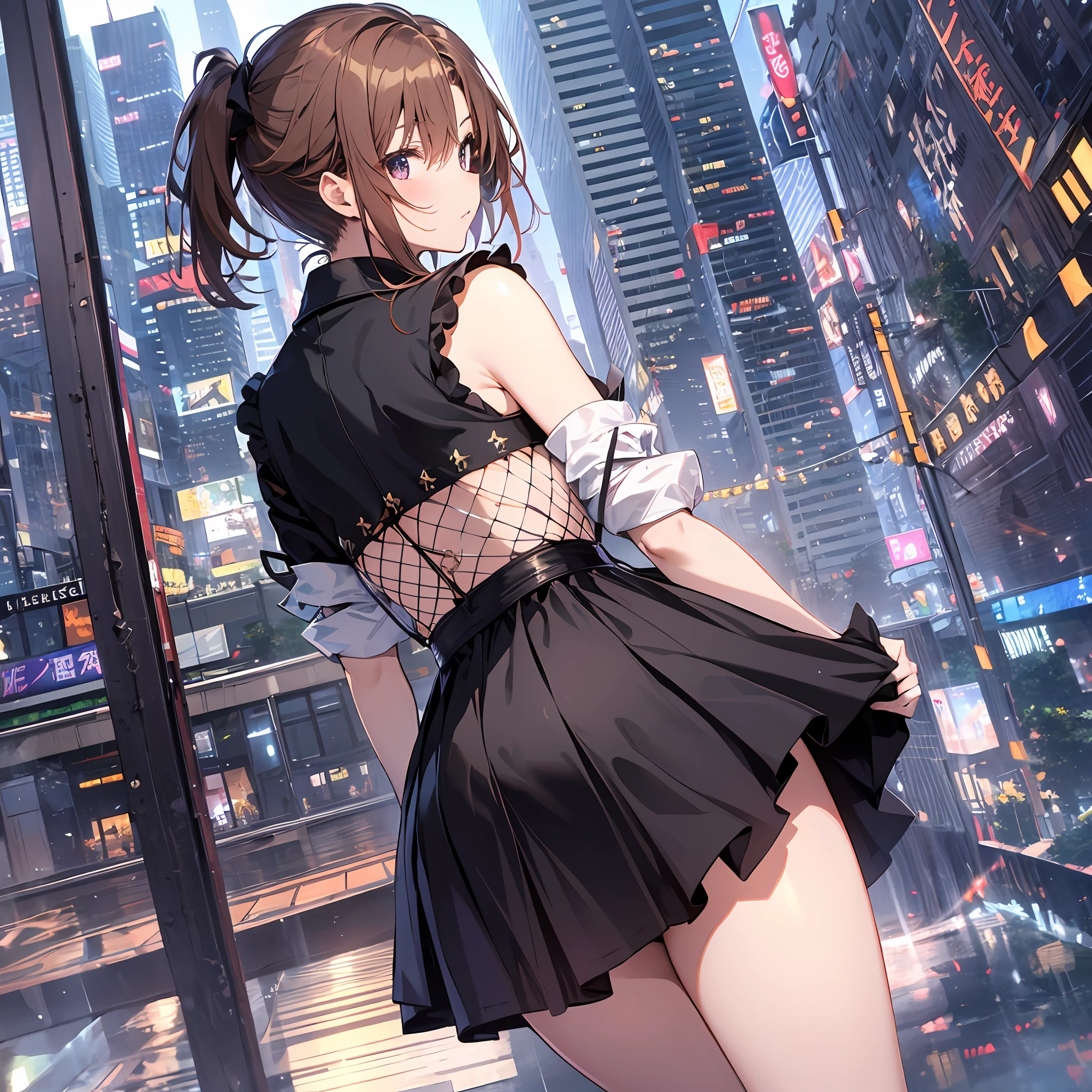 ​masterpiece, 4K, top-quality, Misaka Mikoto, Luxurious black dress　a miniskirt　A sexy　nightcity　　Beautiful back　beauty legs　Cool Face