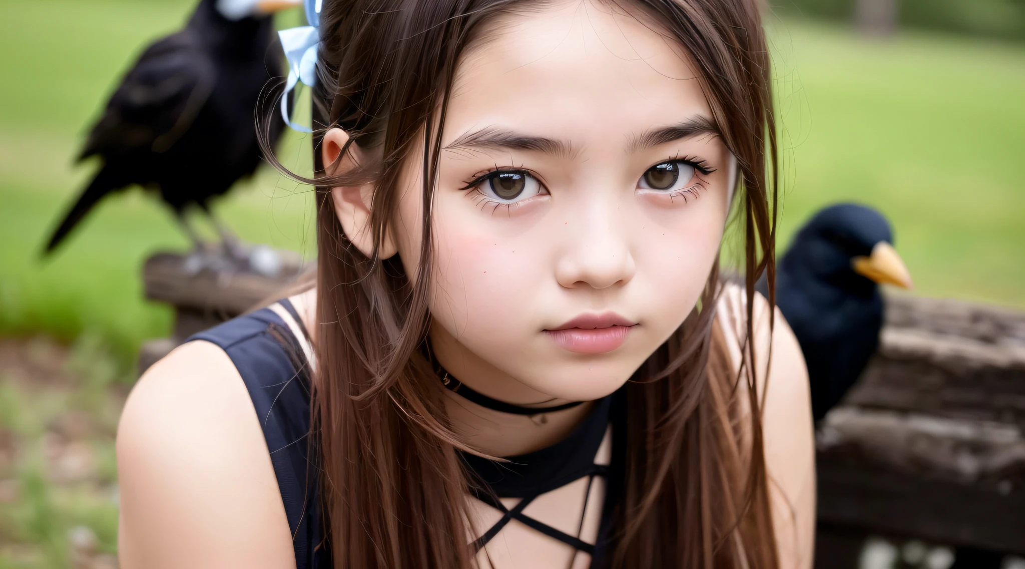 CHILD girl with a black bow and a black dress, girl with dark brown hair, girl with brown hair, black hair ribbons, a beautiful teen-age girl, wearing hair bow, young girl, brown hair and big eyes, half-length photo, photo of young woman, young, beautiful girl, she is about 1 6 years old,  there is a black bird sitting on a wooden rail, long shiny thick black beak, closeup of a crow, cute crows, crows as a symbol of death, crow, crow bird, magpie, crow portrait!!!, black crow, dark crow, is looking at a bird, crows, male, crow, beautiful photo, closeup portrait shot, proud looking away, by Paul Bird