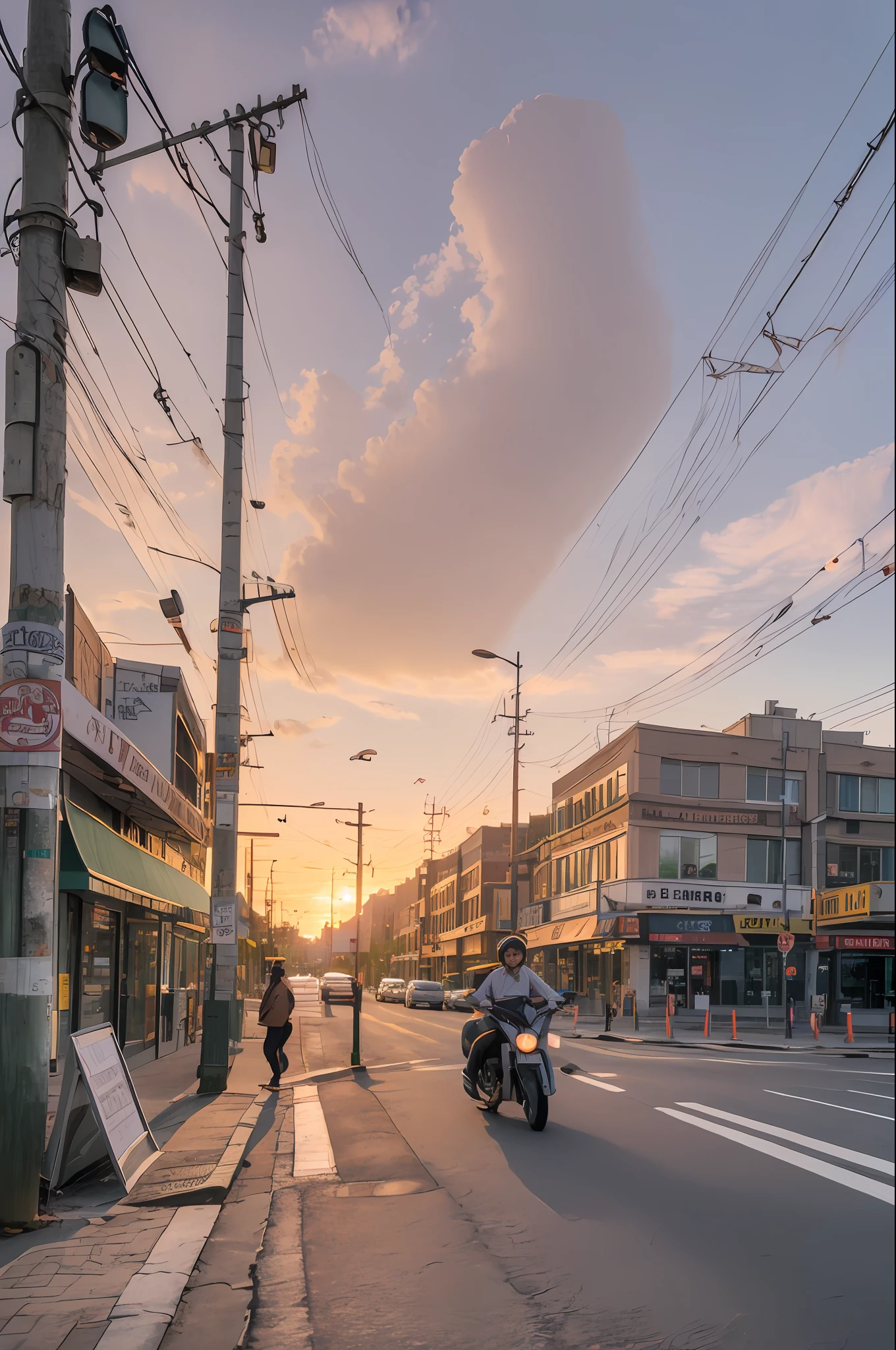 ((Highest image quality，The characters are rich in detail:1.2)，femele，White shirt jeans，crosswalks，Beautiful sunsets，Sky clouds，motorvehicle，road signs，traffic light，The surrounding landscape includes buildings, shops, utility poles, electric wires, vehicles)