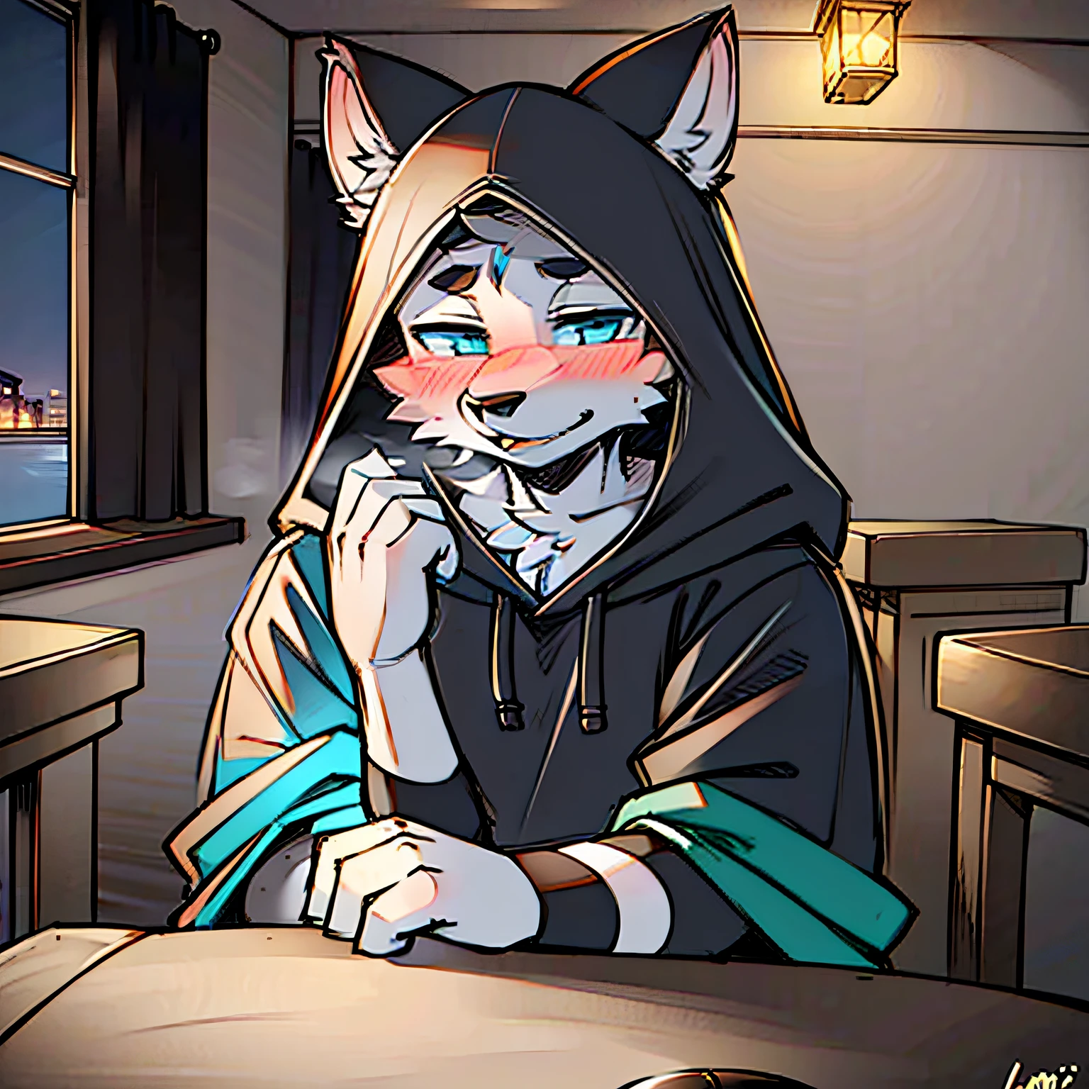 mammal, canid, Humanity, canid, garments, 独奏, furred, Domestic dogs, A high resolution,, White body, Ambiguous gender, Inner, White fur, Black fur,wearing an outfit,Black body,looking at viewert,lamplight,Black nose,Blue pupil,tables and chairs,Hooded black top
