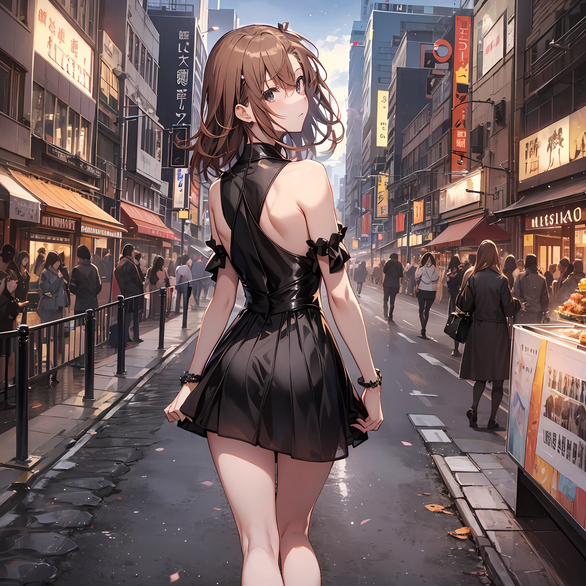 masterpiece, 4K, top-quality, Misaka Mikoto, Luxurious black dress a miniskirt A sexy nightcity Beautiful back beauty legs Cool Face