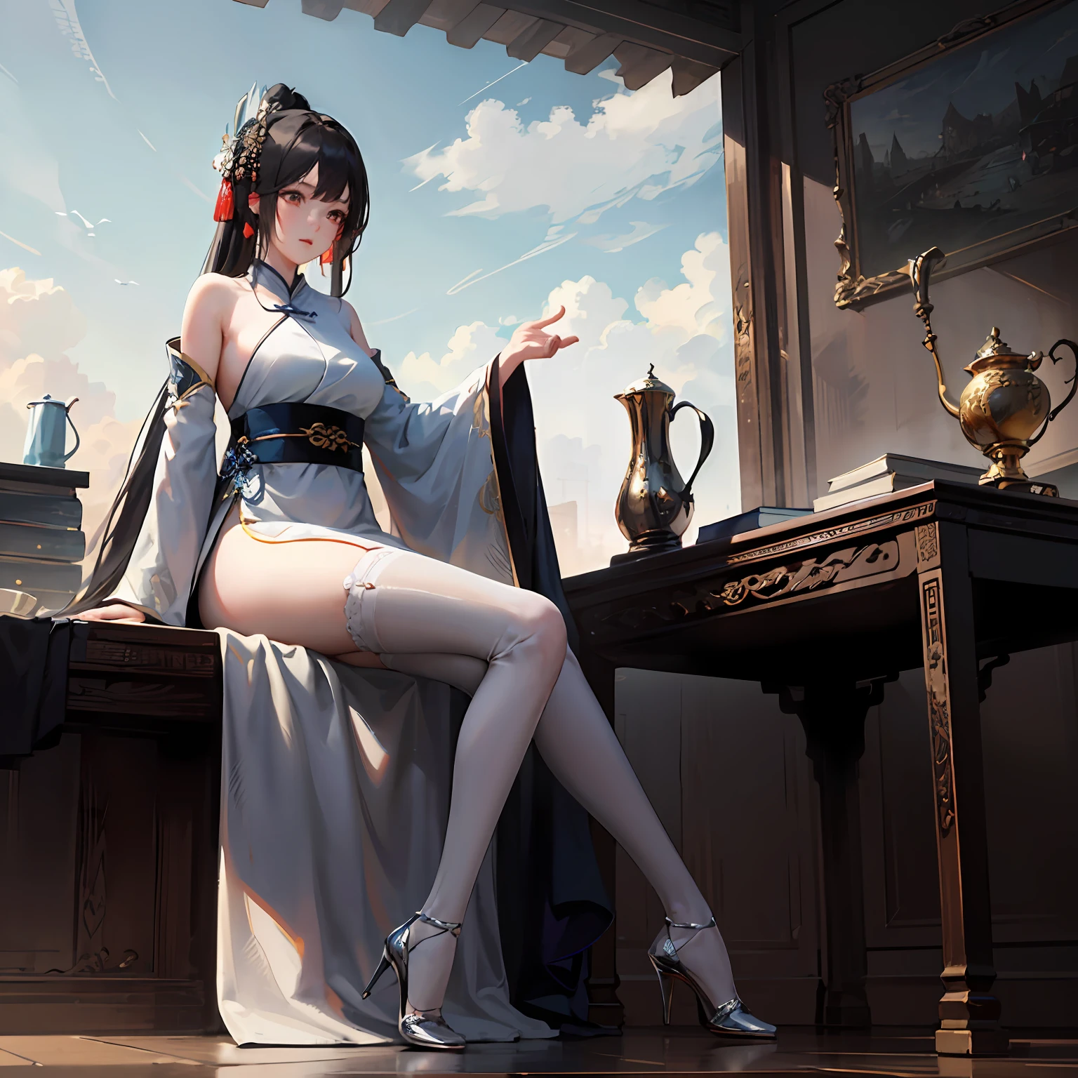 tmasterpiece,Ultimate quality,CG unity 8k wallpaper,Super delicate,Beautiful skies and clouds,Huge,Tall lady,thick leg,Hanfu,Tang dynasty style,Gauze clothes,semi transparent,Beautuful Women,Raised sexy --auto