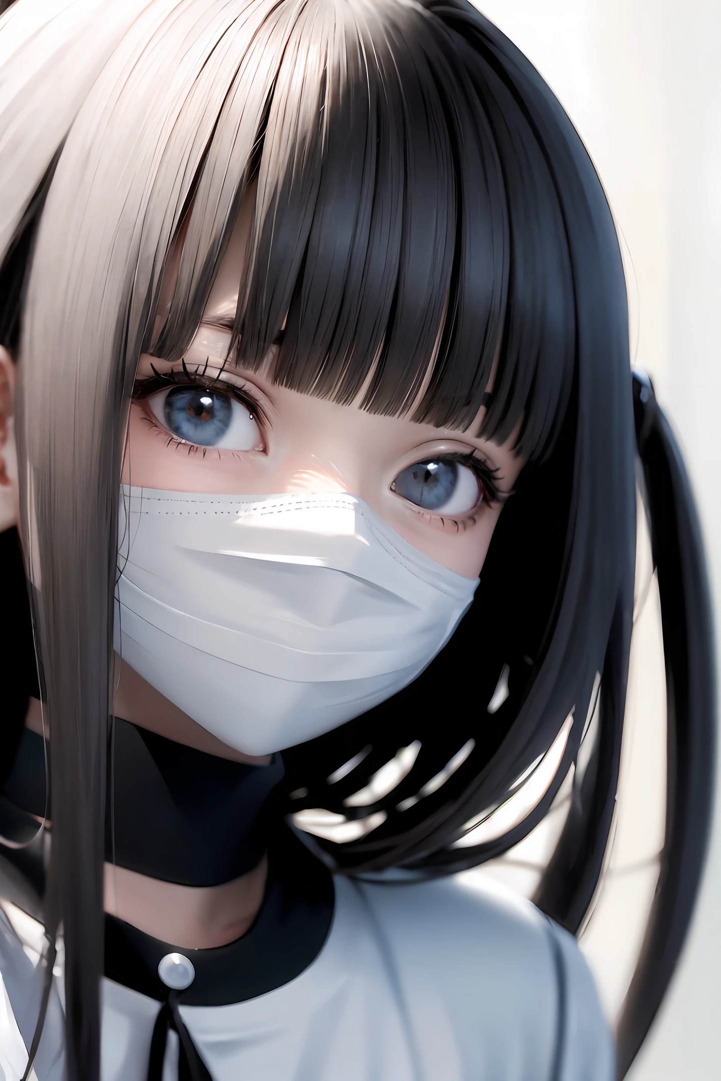 Realistic style，14-year-old girl( Black high ponytail，middle parted bangs，eyeslashes, gloss face, Bring a white mask，Glossy glossy skin, best qualtiy, 超高分辨率, depth of fields, color difference, Caustics, Wide light,  Cold Goddess，Wear a school uniform。