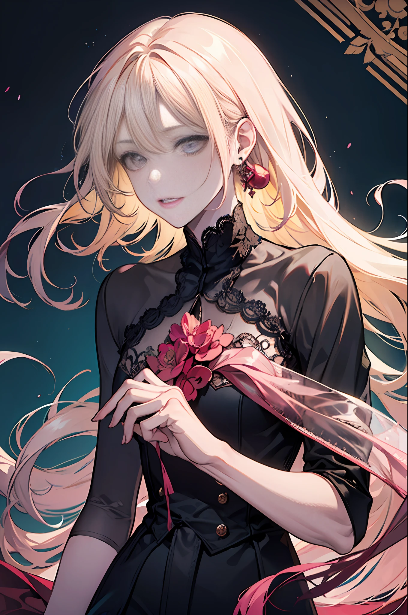 Young guy blonde with pink strands, earring in the ear, Cyan eyes, dark sexy tight clothes, Sheer Shirt, ornaments, shingle, artful