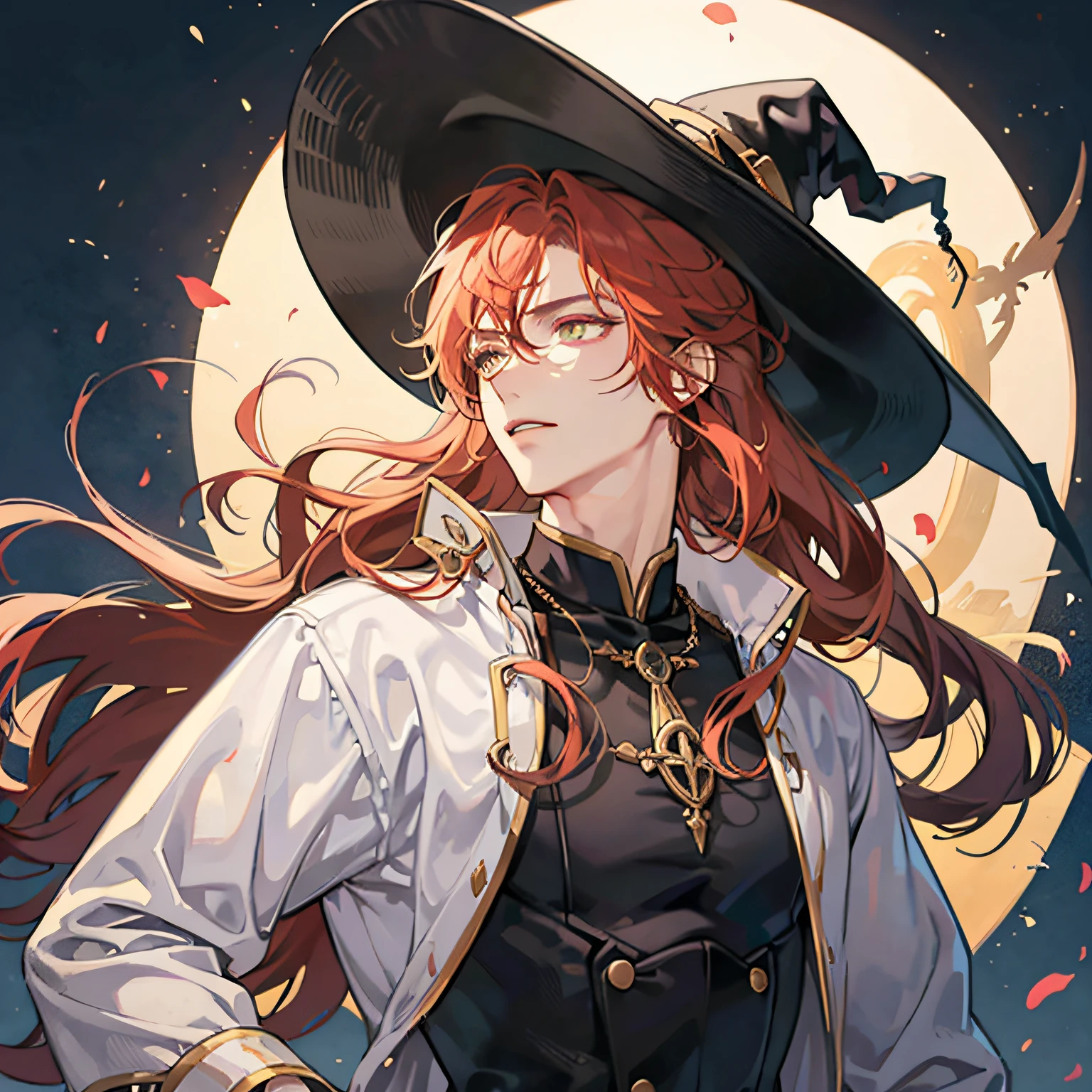 A young handsome man with long red curly hair，年轻，Handsome，Wearing a witch hat，Golden eyes，A male god，style of anime，shadowing，The best quality of light and shadow，8K，red colour