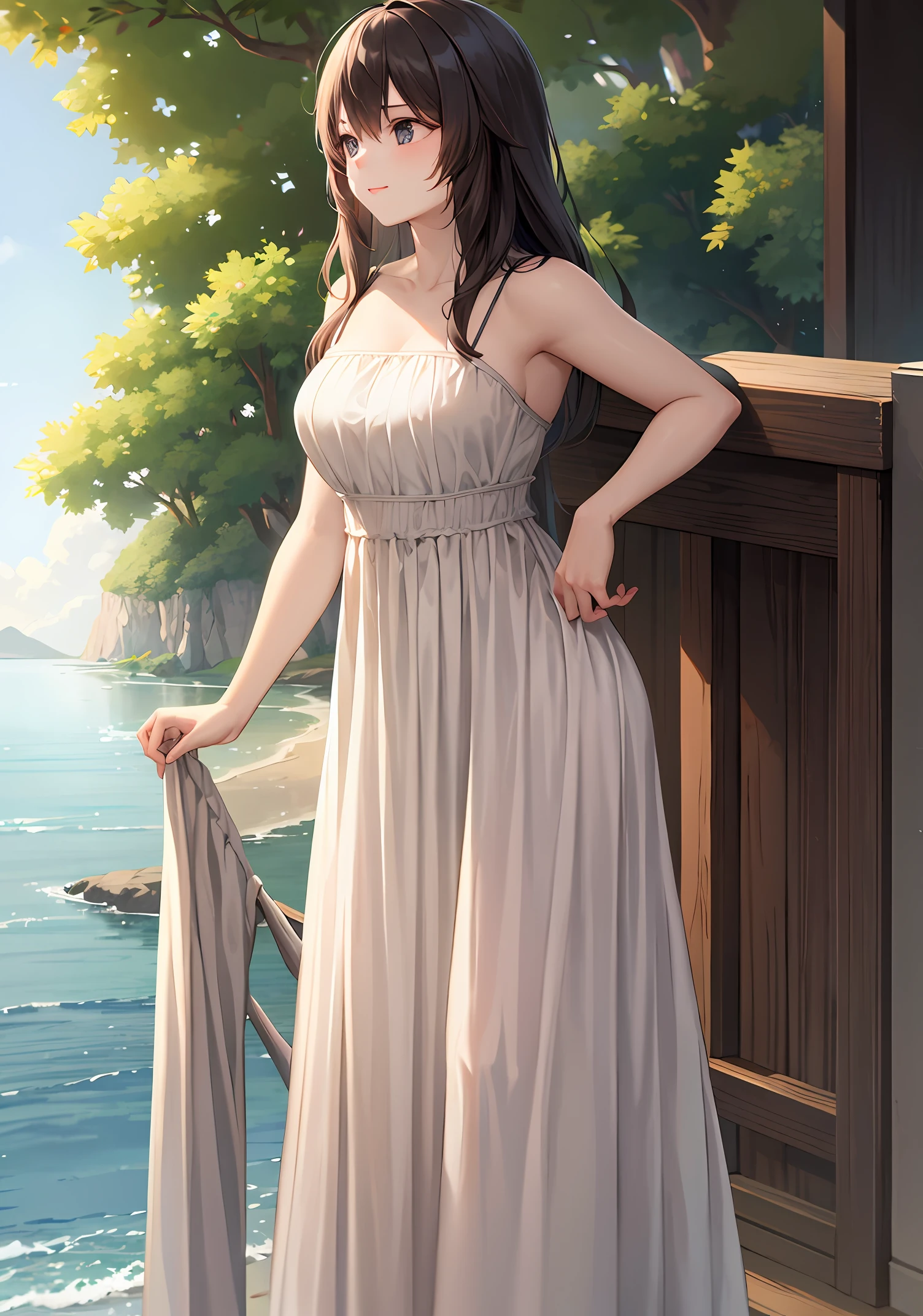 A long-haired young lady wearing a white dress by the sea