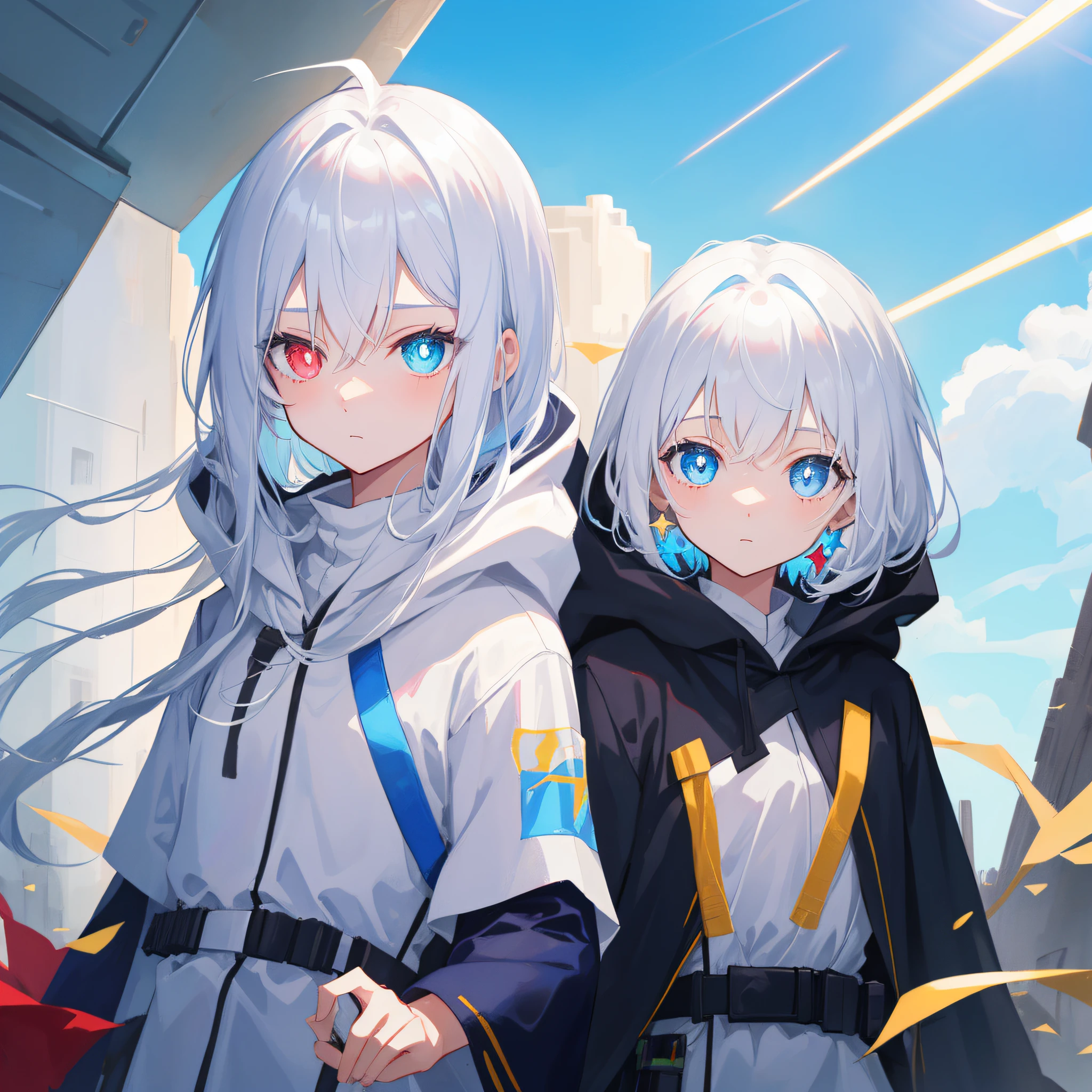 Anime characters with white hair and blue eyes, anime visual of a cute girl, Anime moe art style,Girl with short white hair, Shoujo white hair young anime girl, official character art,White hooded cape，White robe，teens girl，Gray hair sky blue gradient，red hairband，Heterochromic pupils，tilts your head，face expressionless,underage，flatchest，apathy，Short ponytail hair，Lightsaber in hand，star war