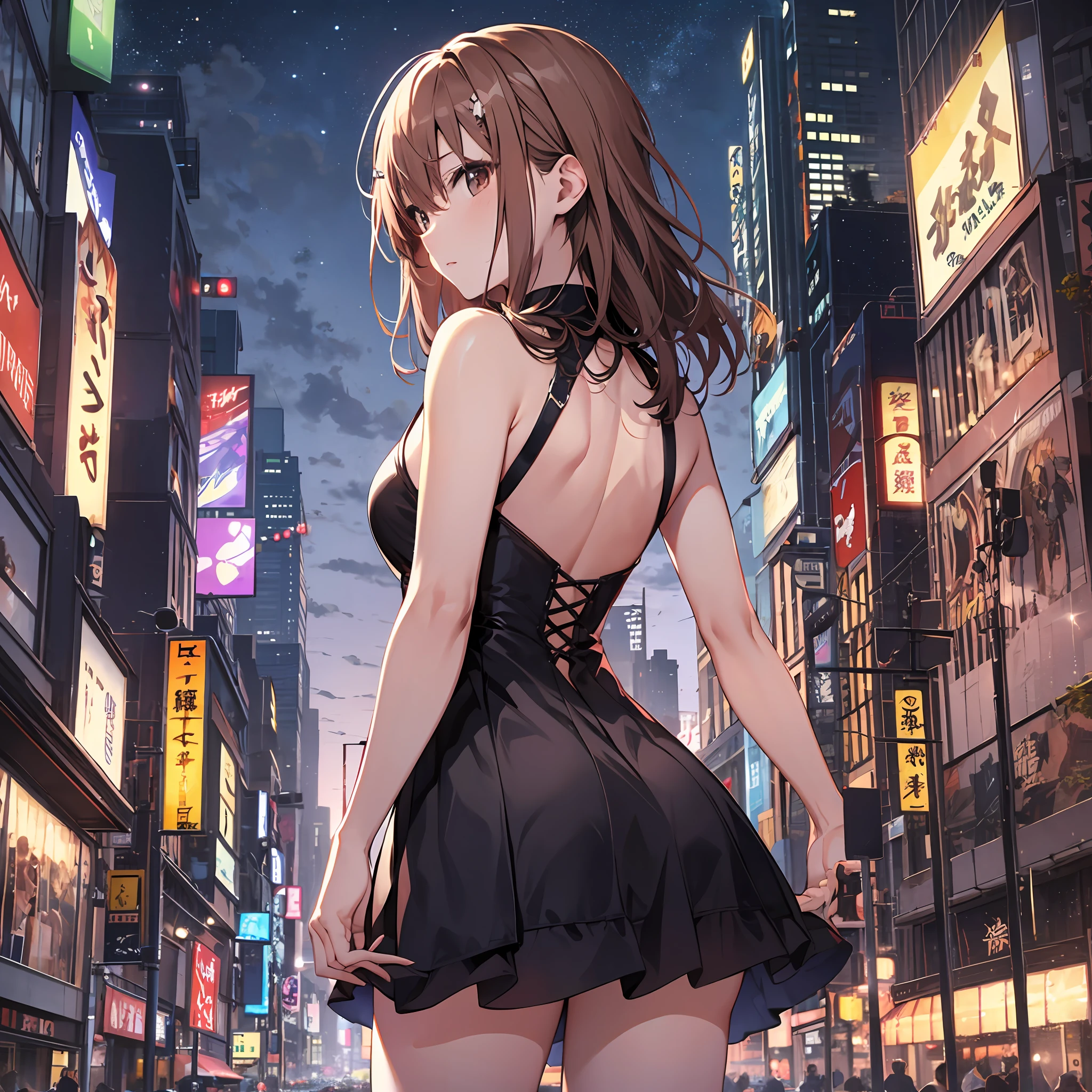 ​masterpiece, 4K, top-quality, Misaka Mikoto, Luxurious black dress　a miniskirt　A sexy　nightcity　　Beautiful back　beauty legs　Cool Face