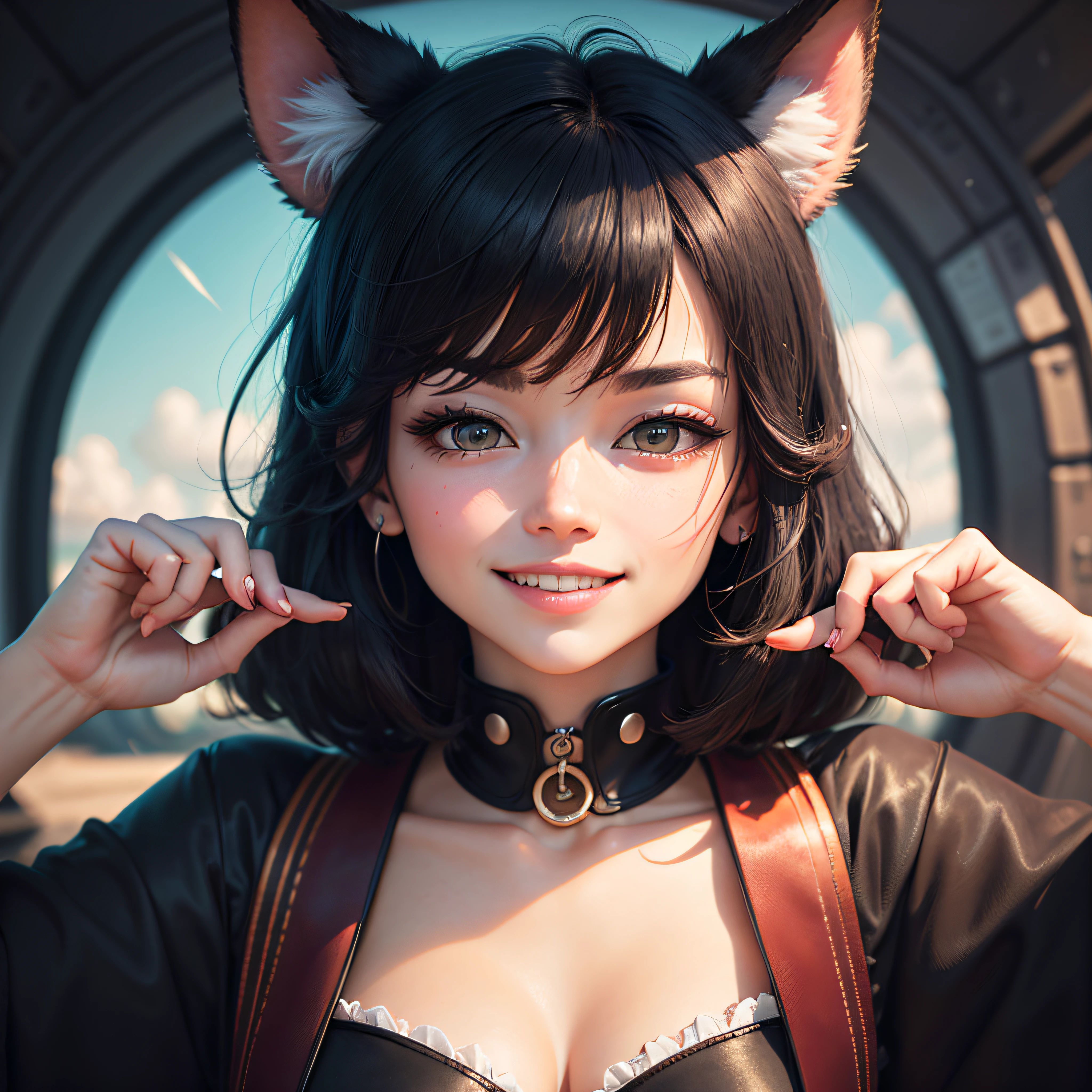 black hair, hair bobbles, wince, longeyelashes, solid circle eyes, fake animal ears, light smile, ear blush, fang, Surrealism, drop shadow, anaglyph, stereogram, tachi-e, pov, atmospheric perspective, 8k, super detail, ccurate, best quality, UHD