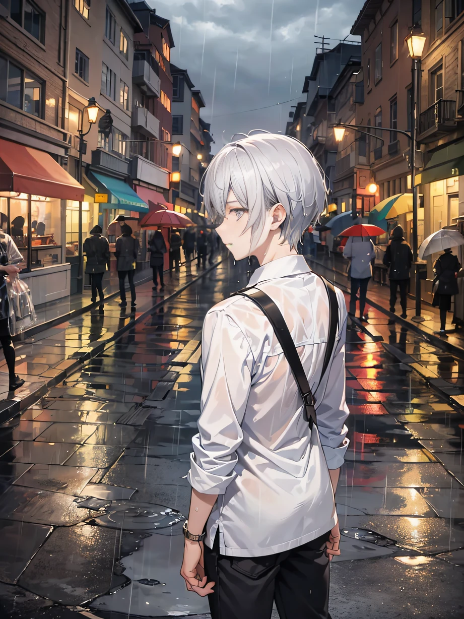 ,masterpiece, best quality,8k, ultra highres,On a rainy night,Silver-gray clouds hang low over the city,The streets are empty,Only a few lone pedestrians hurried by。A young man stands with a slightly dignified back under a street lamp on a street corner,A vest filled with rainwater clings to his body,It seems to tell the loss and pain in his heart。