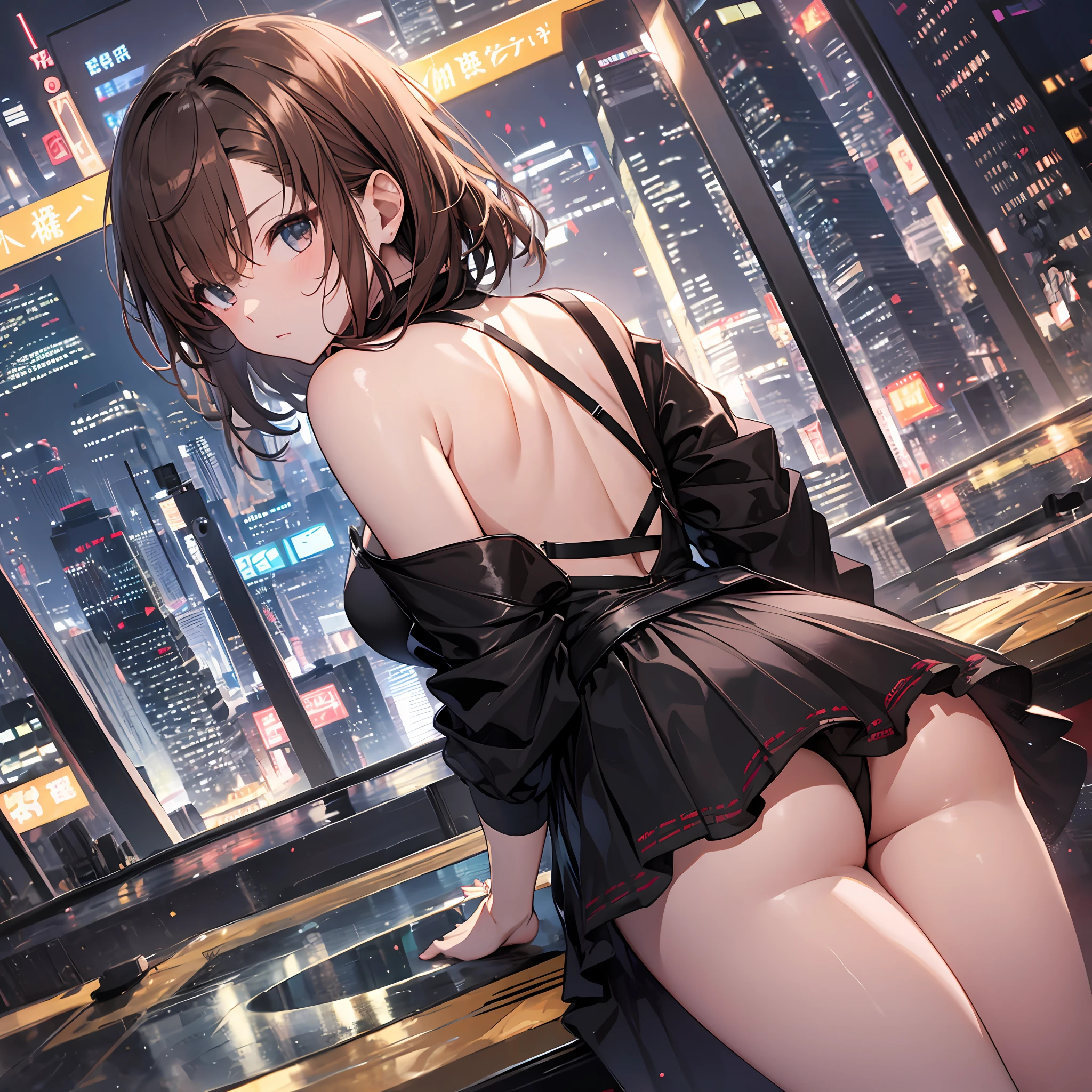 ​masterpiece, 4K, top-quality, Misaka Mikoto, Luxurious black dress　a miniskirt　A sexy　nightcity　　Beautiful back　beauty legs　Cool Face