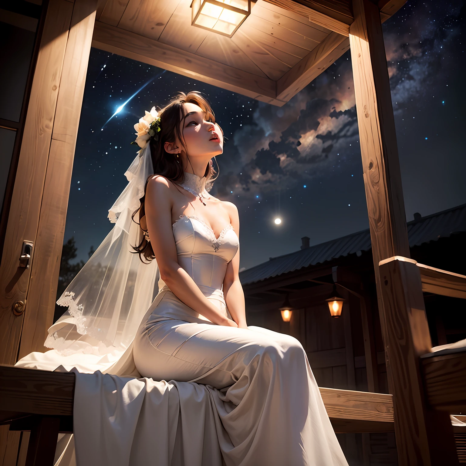 A girl in the dark night has fair skin,Sitting in a pavilion in a wedding dress and looking up at the stars --auto