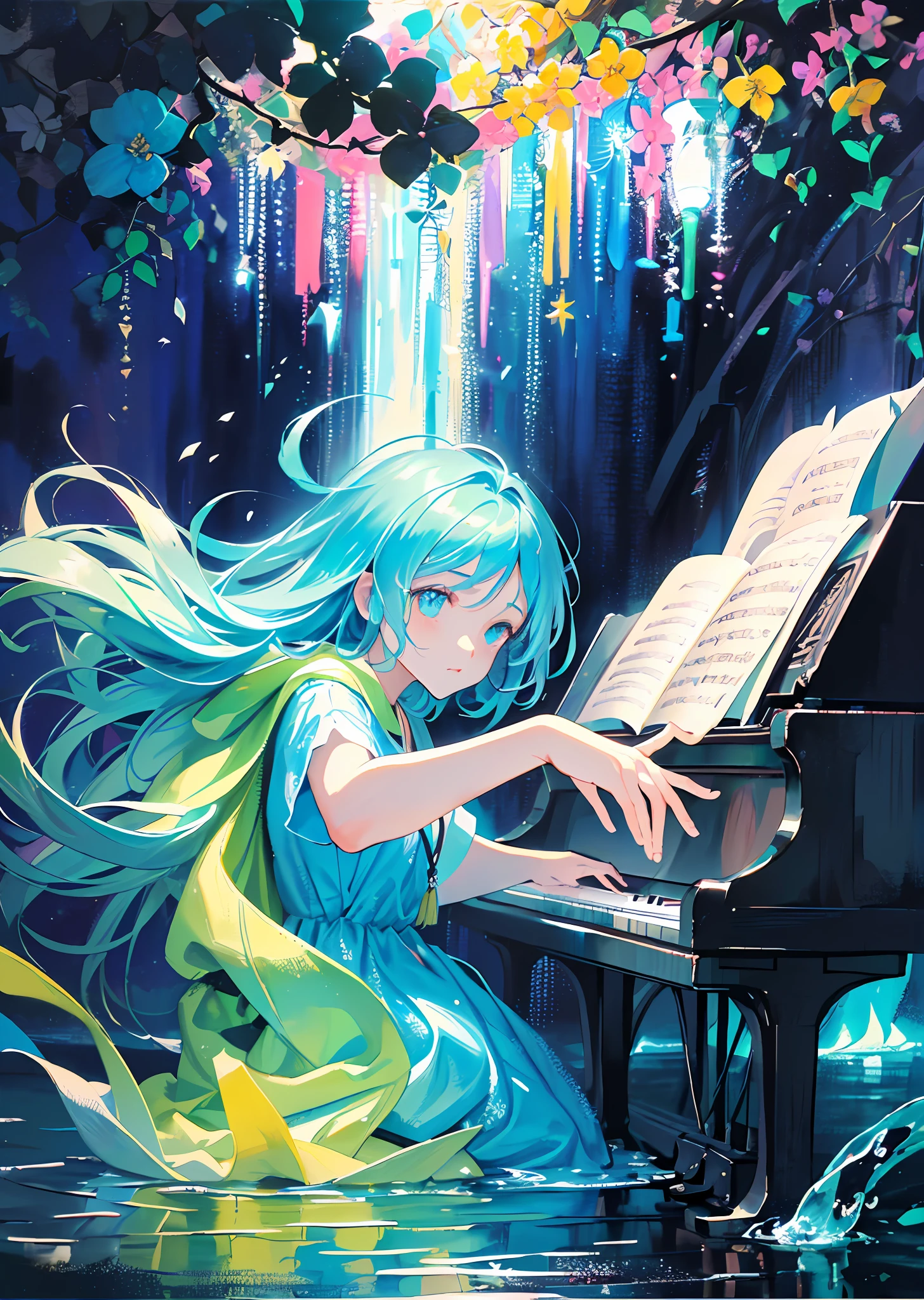 A woman playing a piano made of water:1.5. When she plays the piano made of water in the shallows of the beach, the water jumps up in time with the tFine brush, rough, detailed watercolor, soft and fantastic, pastel, fluffy, (extremely fine and beautiful), (perfect details)、(pastel color),Soft texture:1.2,(Mastepiece, Best Quality), (finely detailed eyes and detailed face), (Scenery), (Ultra-detailed, Best Shadow), ((depth offield),The tones are also visibly luminous.《(textured oil painting,Overcoat of glaze,thick impasto,Creating light and shadow):1.4, Rembrandt,rich colors, expressive technique,》low-key lighting, moody ambiance, dark shadows, subtle highlights, mysterious aura,colorful, blooming light effect, light from heaven,radiant glowing fuorescent colored outline:1.5