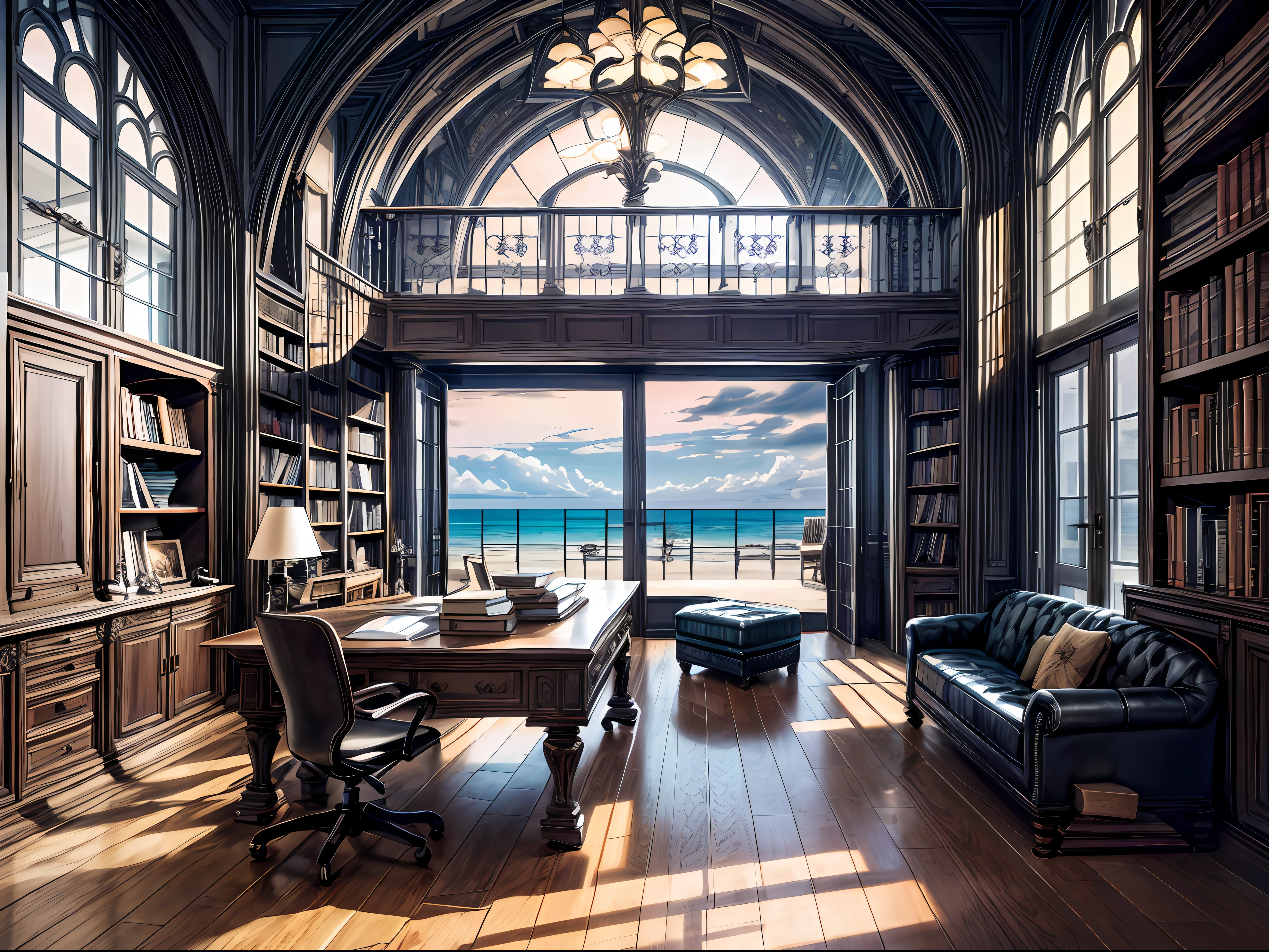 A medieval yet sophisticated home interior with floor-to-ceiling bookshelves showcasing a vast collection of books, a large glass and metal desk with a clean design, a modern ergonomic chair in wood and leather and an inspiring view of the ocean and beach, a lively landscape through the window, a perfect blend of aesthetics.