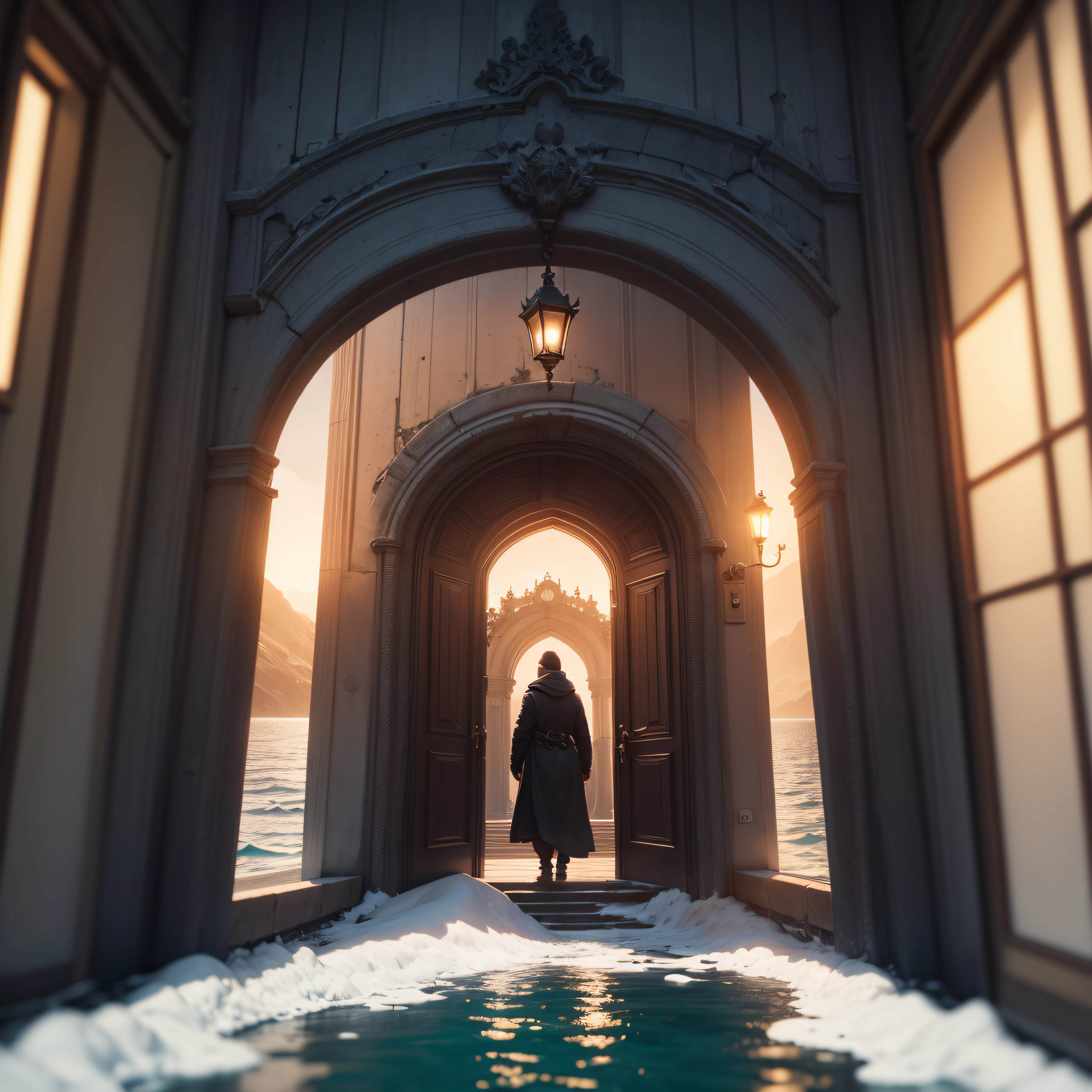 Winters,A separate gate standing on the sea, Lights inside the door, Movie light, surrealism, Cinematic lighting, Blurry, Sony FE GM, hyper HD, Super detail, 8K