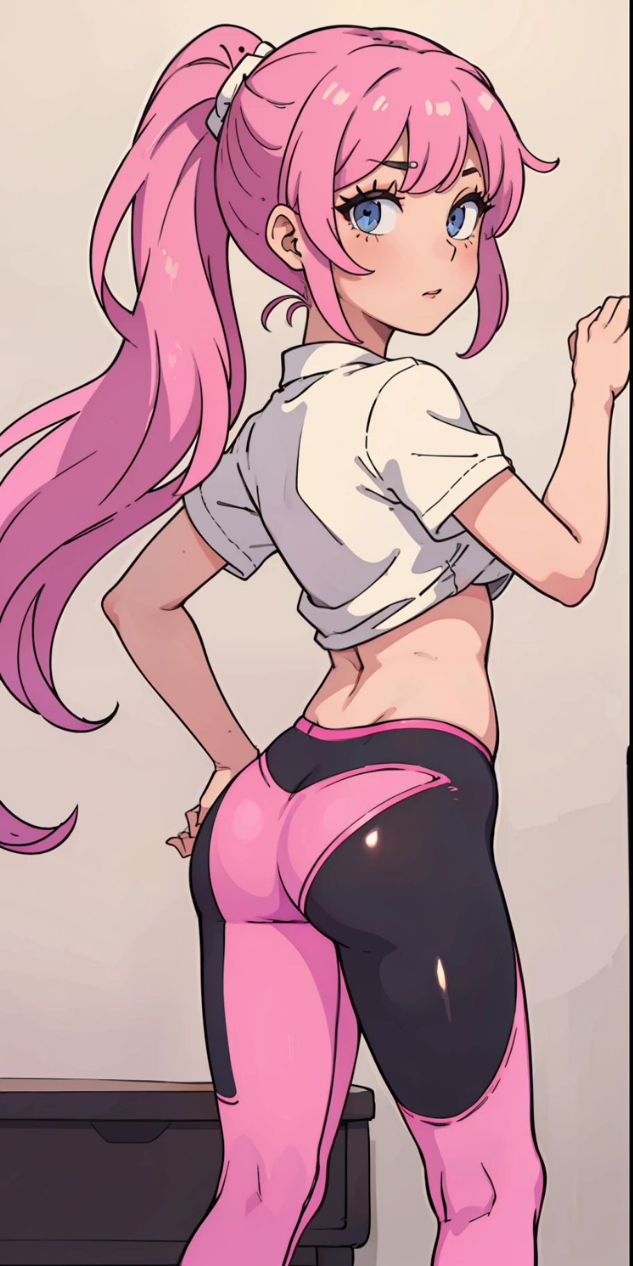 k hd,high qulity,1girll,Pink ponytail,Slim figure,Long leggings,Sexy clothes,white short socks,A sexy pose,Thin leg