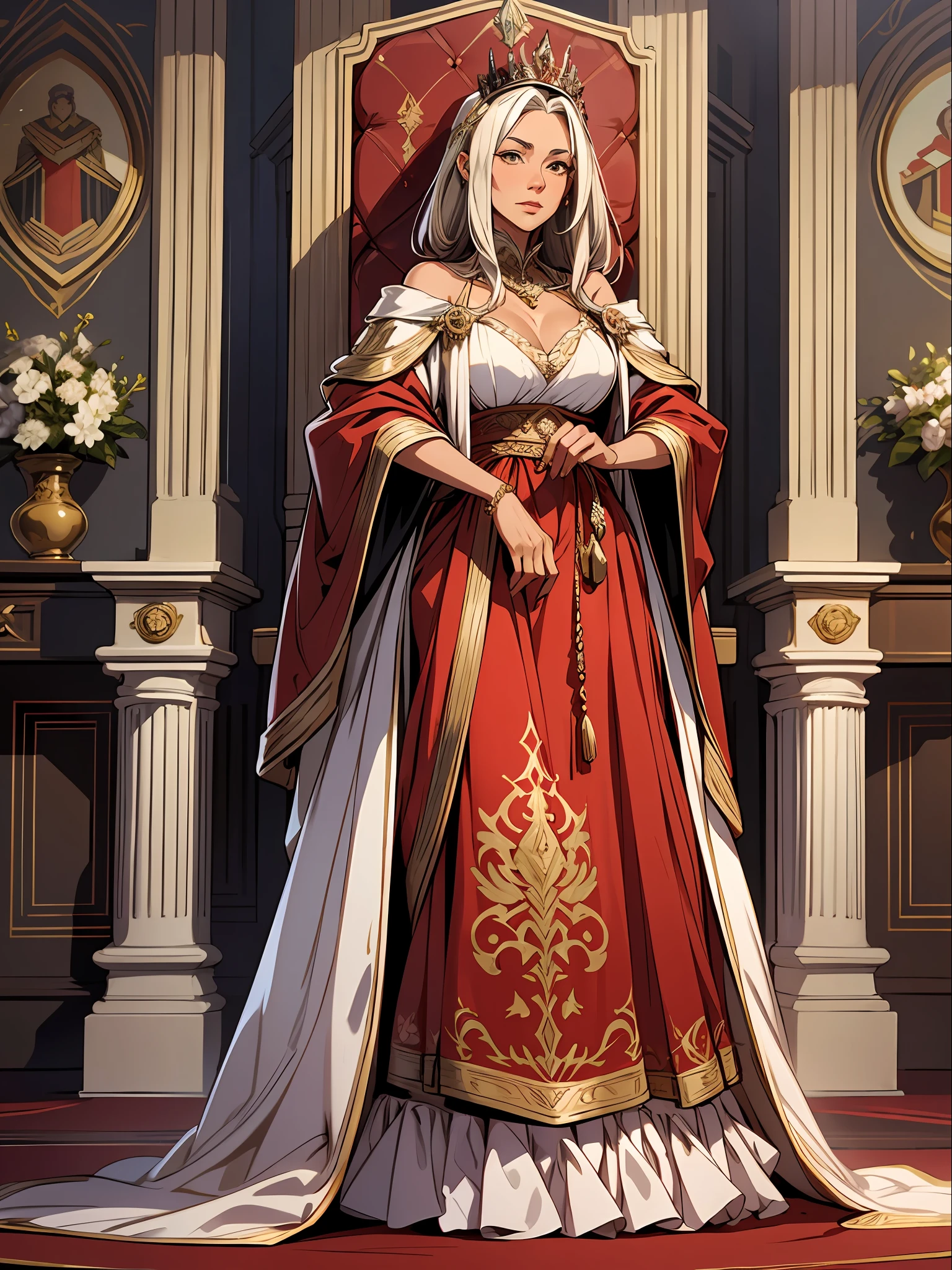 Mature women with white hairs, light brownish skin tone wearing red royal gown and standing beside the throne