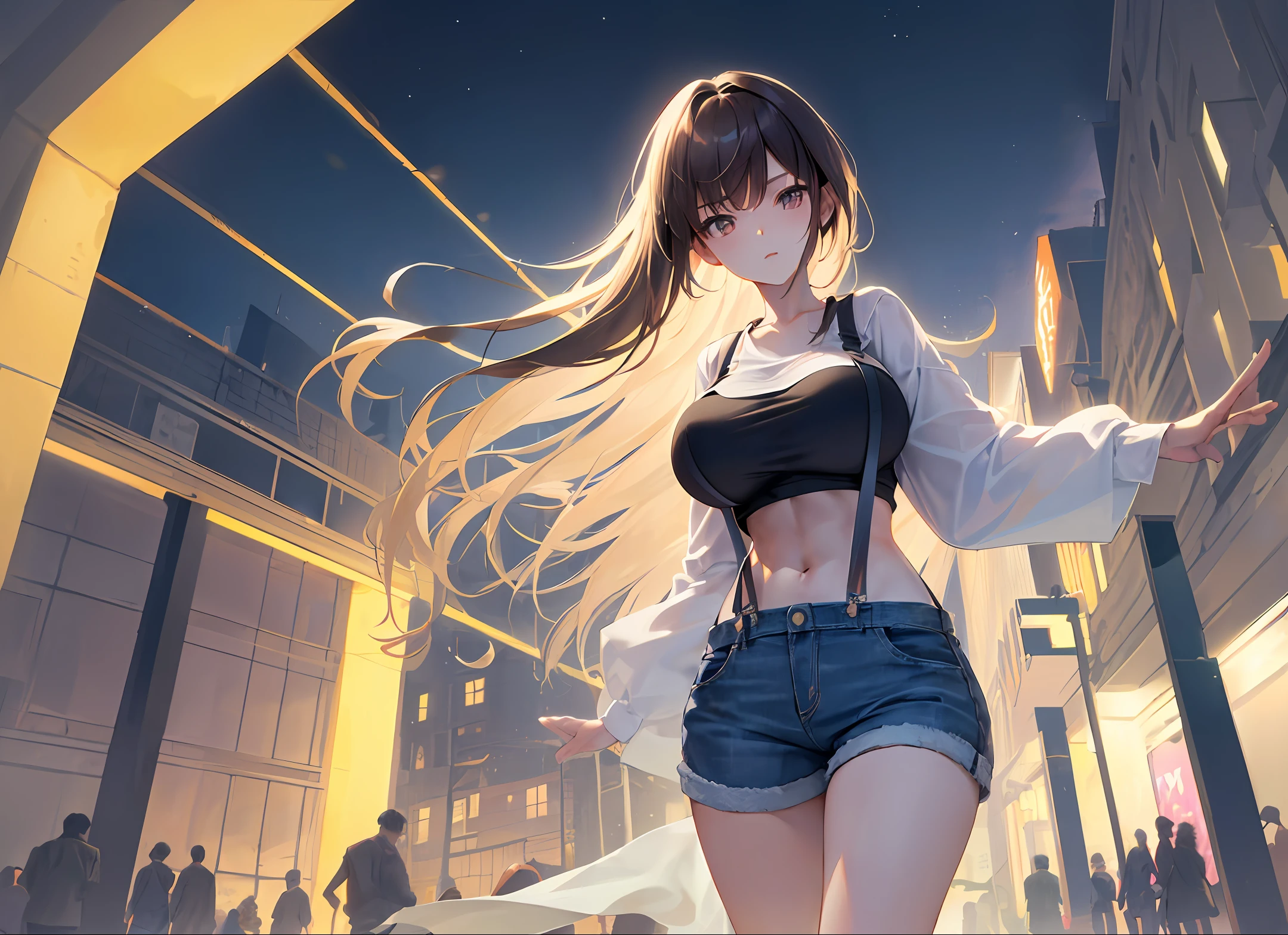 Miss Shaoyu Qianjin has white skin and beautiful long legs 4K anime characters((midynight, Need, 8k, tmasterpiece:1.3)), full bodyesbian, Long legs, Focalors:1.2, perfect figure beautiful woman:1.4, Slim abs:1.1, ((Dark brown hair, huge tit:1.2 )), (white tight t-shirt, Denim suspenders, standing on your feet:1.2), ((city night scene, the roof:1.3)), Highly detailed facial and skin texture, A detailed eye, 二重まぶた