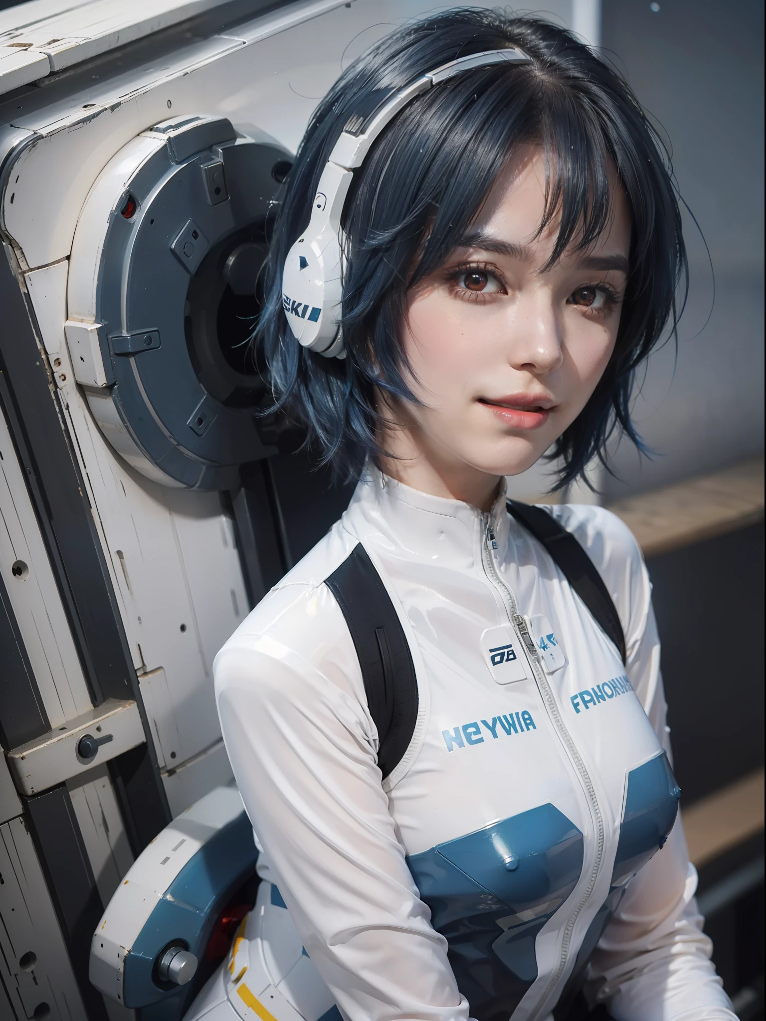ayanami rei, star_\(sky\), sexy expression, sexy eyes, (red_eyes:1.4), red pupils, medium breasts, smile, cute, short hair, (blue hair:1.2), plugsuit, white_bodysuit, pilot_suit, starry_sky, on the floor, interface_headset, looking at viewer, (sit pose:1.2), (breast focus:1.2), (realistic:1.2), (cowboy shot: 1.2), (realism), (masterpiece:1.2), (best quality), (ultra detailed), (8k, 4k, intricate), (85mm), light particles, lighting, (highly detailed:1.2), (detailed face:1.2), (gradients), colorful, (detailed eyes:1.2), (detailed sky:1.2), (detailed background), (dynamic angle:1.2), (dynamic pose:1.2), (Line of action:1.2), wide shot, nightlight, solo.