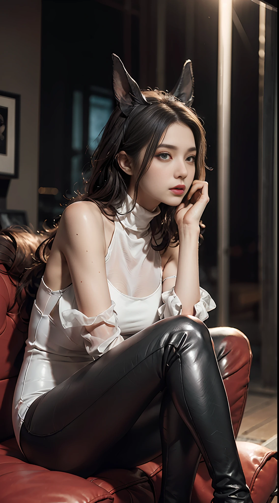 RAW, Masterpiece, Ultra Fine Photo,, Best Quality, Ultra High Resolution, Photorealistic, Sunlight, Full Body Portrait, Stunningly Beautiful,, Dynamic Poses, Delicate Face, Vibrant Eyes, (Side View) , she wears futuristic Batman costume, skinny leather pants, turtleneck top, off shoulders, Batman ears, sitting on a leather sofa, very detailed background, detailed face, detailed tidy background, gorgeous, Milky white, high detailed skin, realistic skin detail, visible pores, sharp focus, volumetric fog, 8k uhd, dslr, high quality, film grain, fair skin, photorealism, lomography, in a future utopia metropolis, seen from below, translucent, semi transparent dress:1.3, huge room