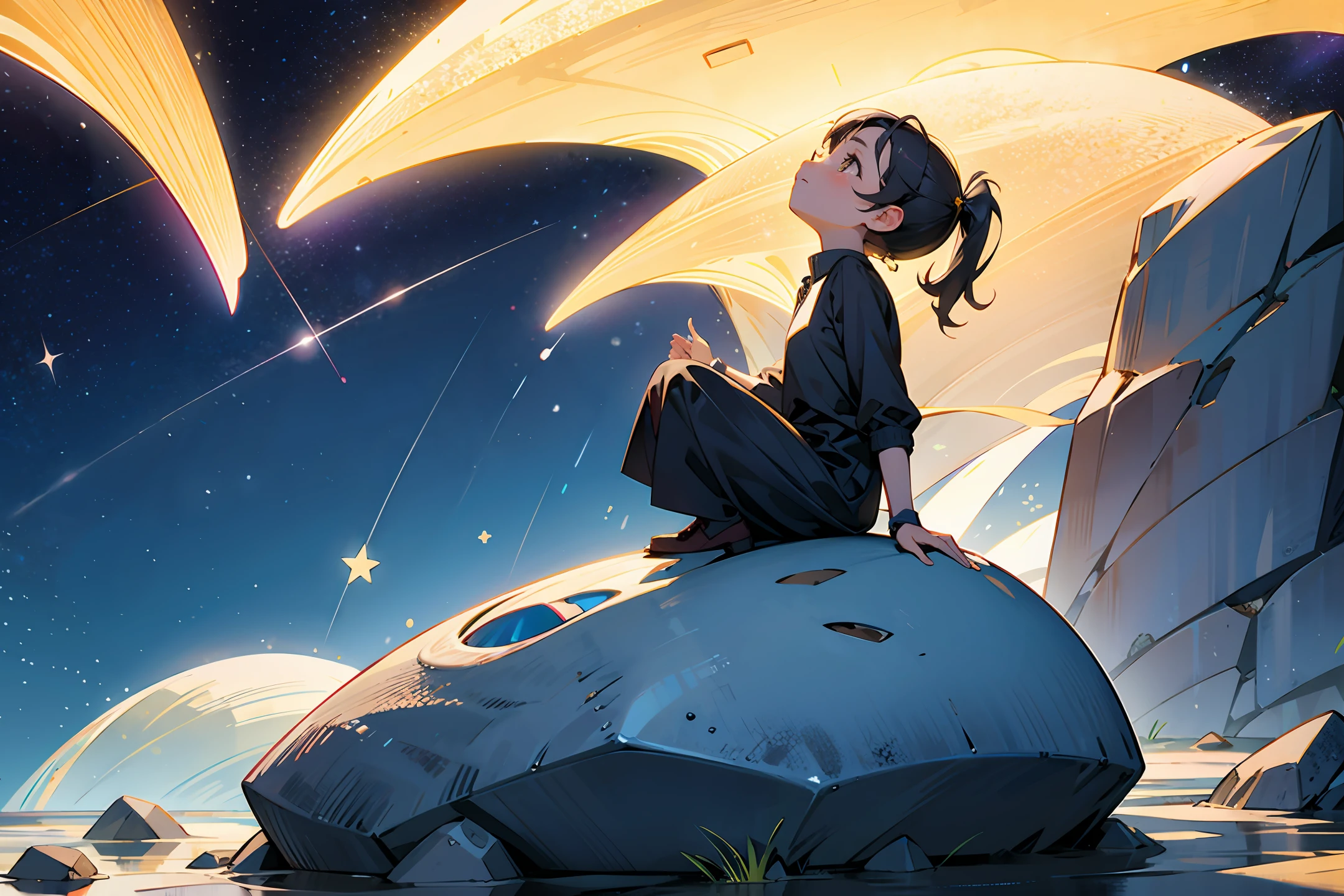 A cute two-dimensional underage girl sitting on a stone and looking up at the stars