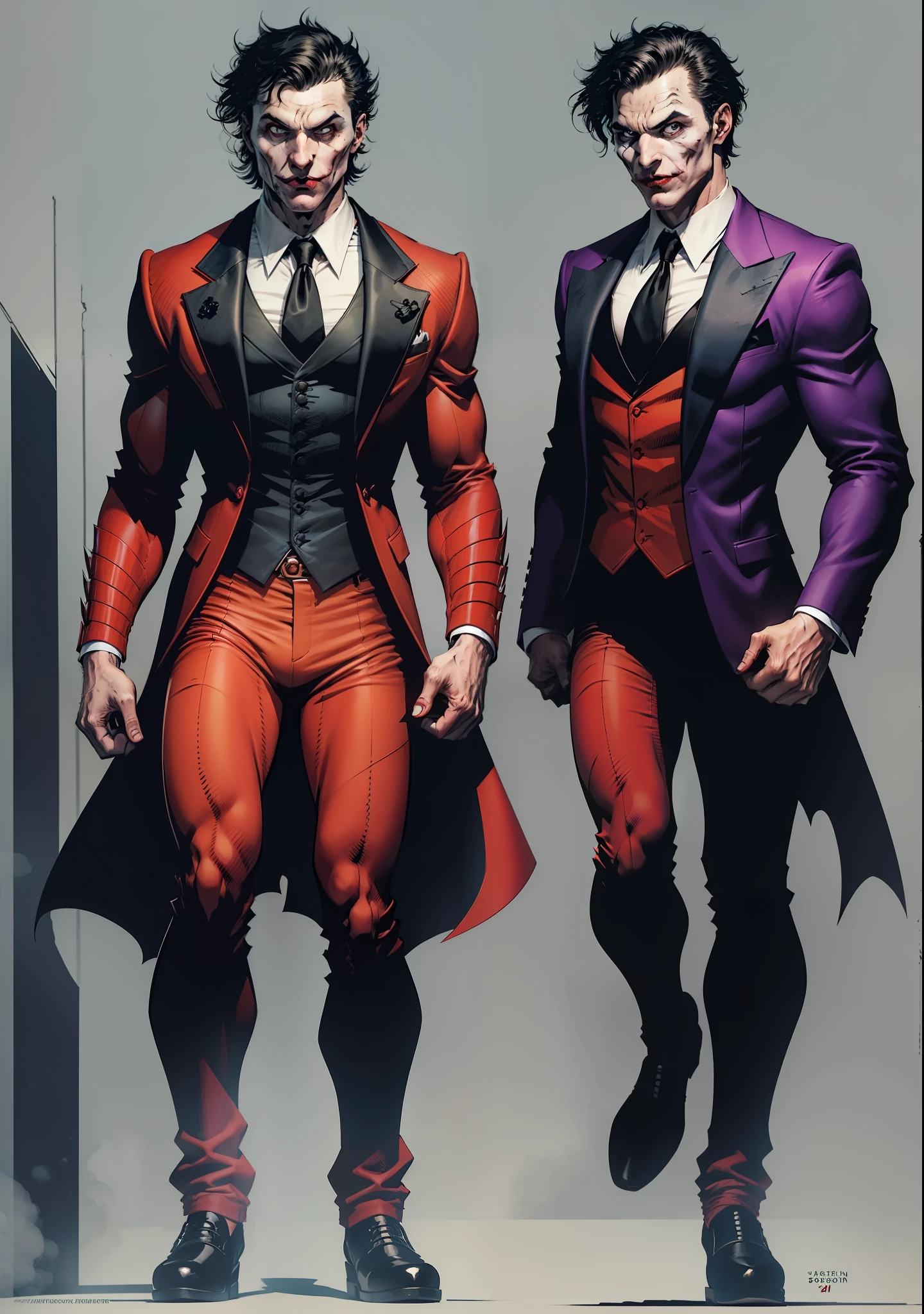 a man, black hair, pale face, red suit, black pants, social shoes, black eyes and pupils, red hat, one side of his mouth is completely torn showing his scary gums, super Villain, inspired by the joker, full body, reference sheet, T pose, white background