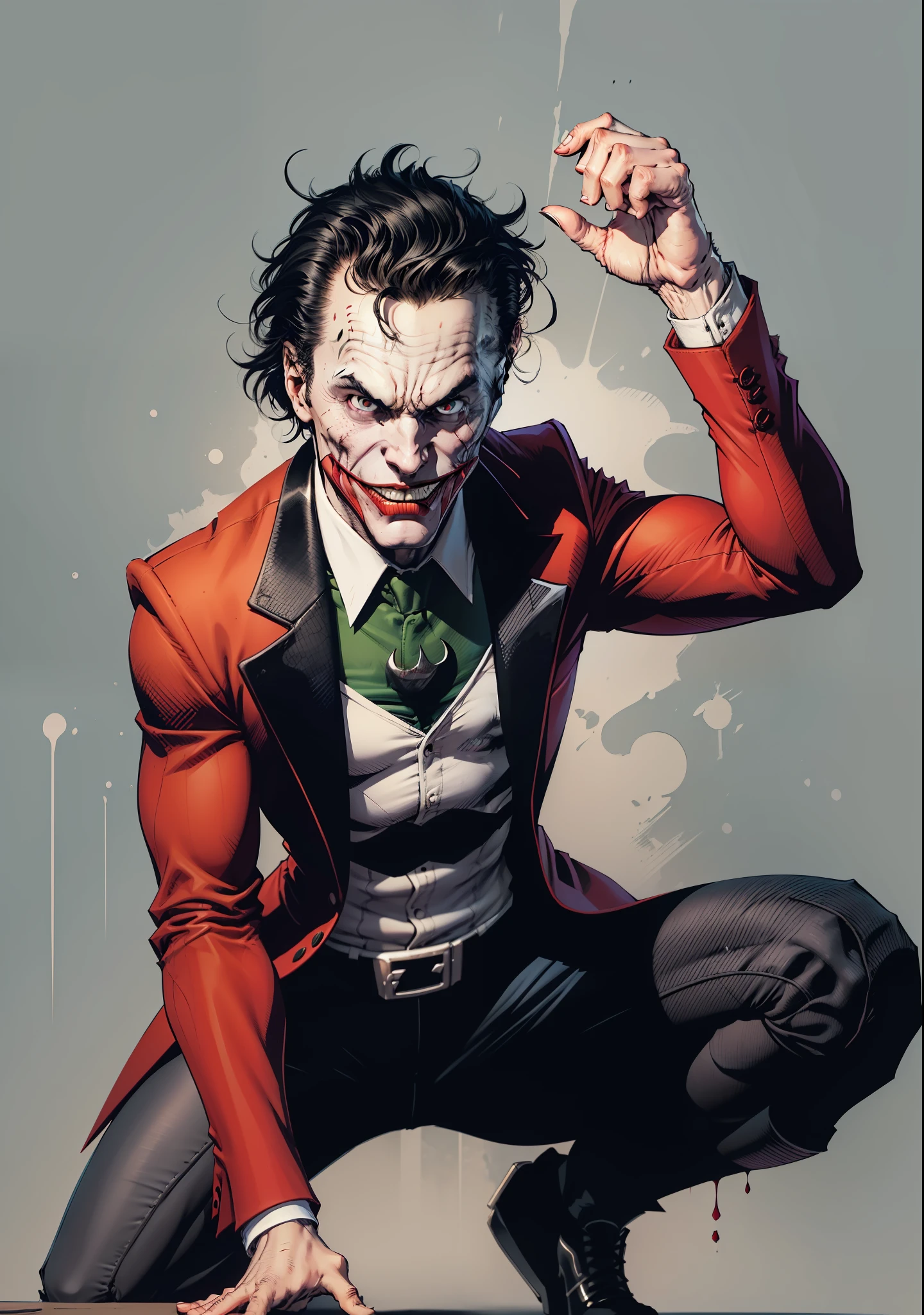 a man, black hair, pale face, red suit, black pants, social shoes, black eyes and pupils, red hat, one side of his mouth is completely torn showing his scary gums, super Villain, inspired by the joker, full body, reference sheet, T pose, white background