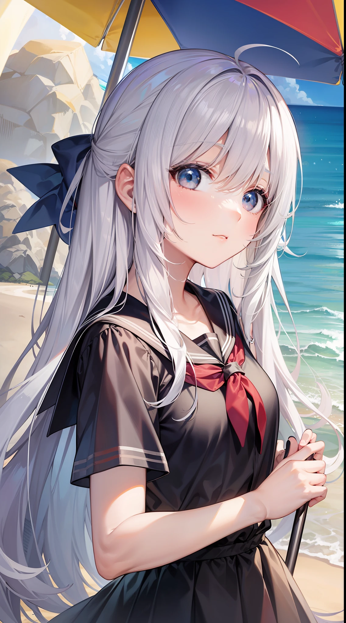schoolgirls,long white hair,sea beach,beach umbrella