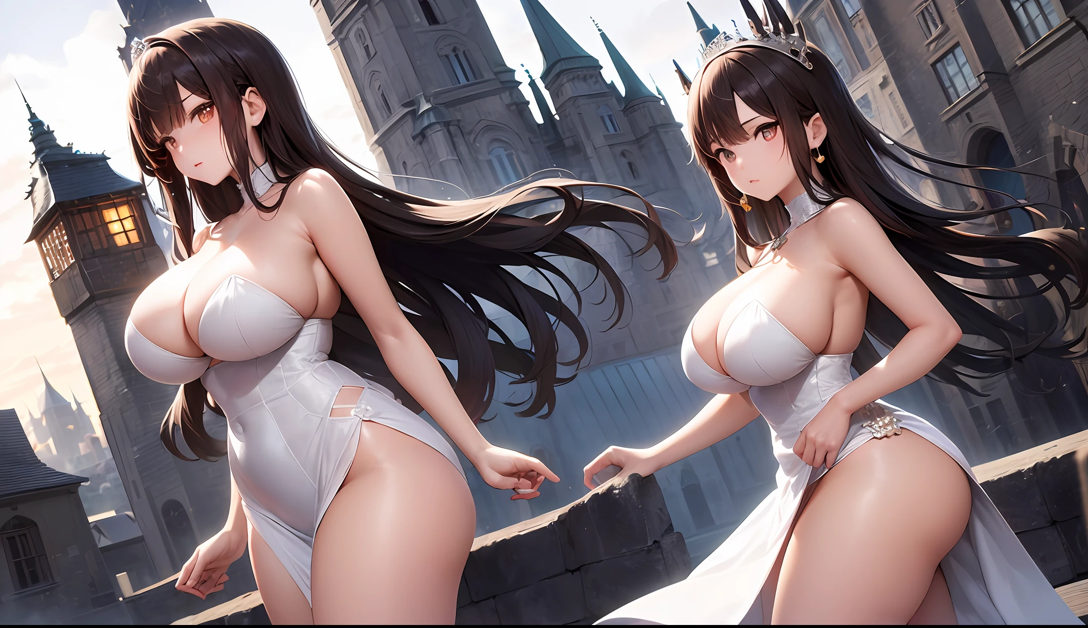 Miss Shaoyu Qianjin has white skin and beautiful long legs 4K anime characters((midynight, Need, 8k, tmasterpiece:1.3)), full bodyesbian, Long legs, Focalors:1.2, perfect figure beautiful woman:1.4, Slim abs:1.1, ((Dark brown hair, huge tit:1.2 )), (, The beautiful princess bandeau dress shows nobility, standing on your feet:1.2), ((Magical grand castle, the roof:1.3)), Highly detailed facial and skin texture, A detailed eye, 二重まぶた