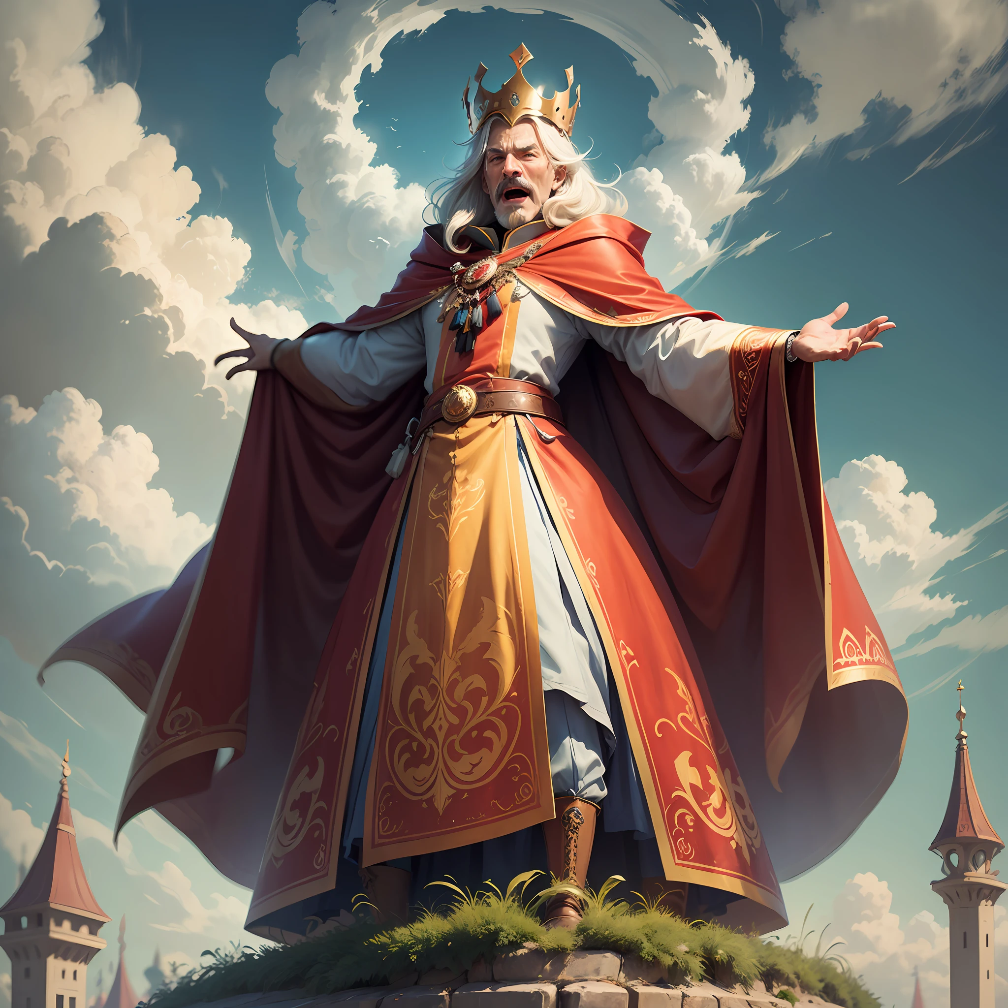 Italian fairy tale. 1200 years. Fruit Lemon with a face, a ruthless, evil, greedy and cruel ruler who does not care about his people. Standing on the podium and waving his arms. Thin long mustache. On the head is a small crown. Looks at everyone from top to bottom and yells slogans. Yellow royal clothes, with an award wide ribbon with orders. Red cape-cloak. Red high boots. Cartoon in the style of Disney Pixar. super photorealistic. Pastel muted colors. Urban blurred background, blue sky and clouds. DVD --auto --s2