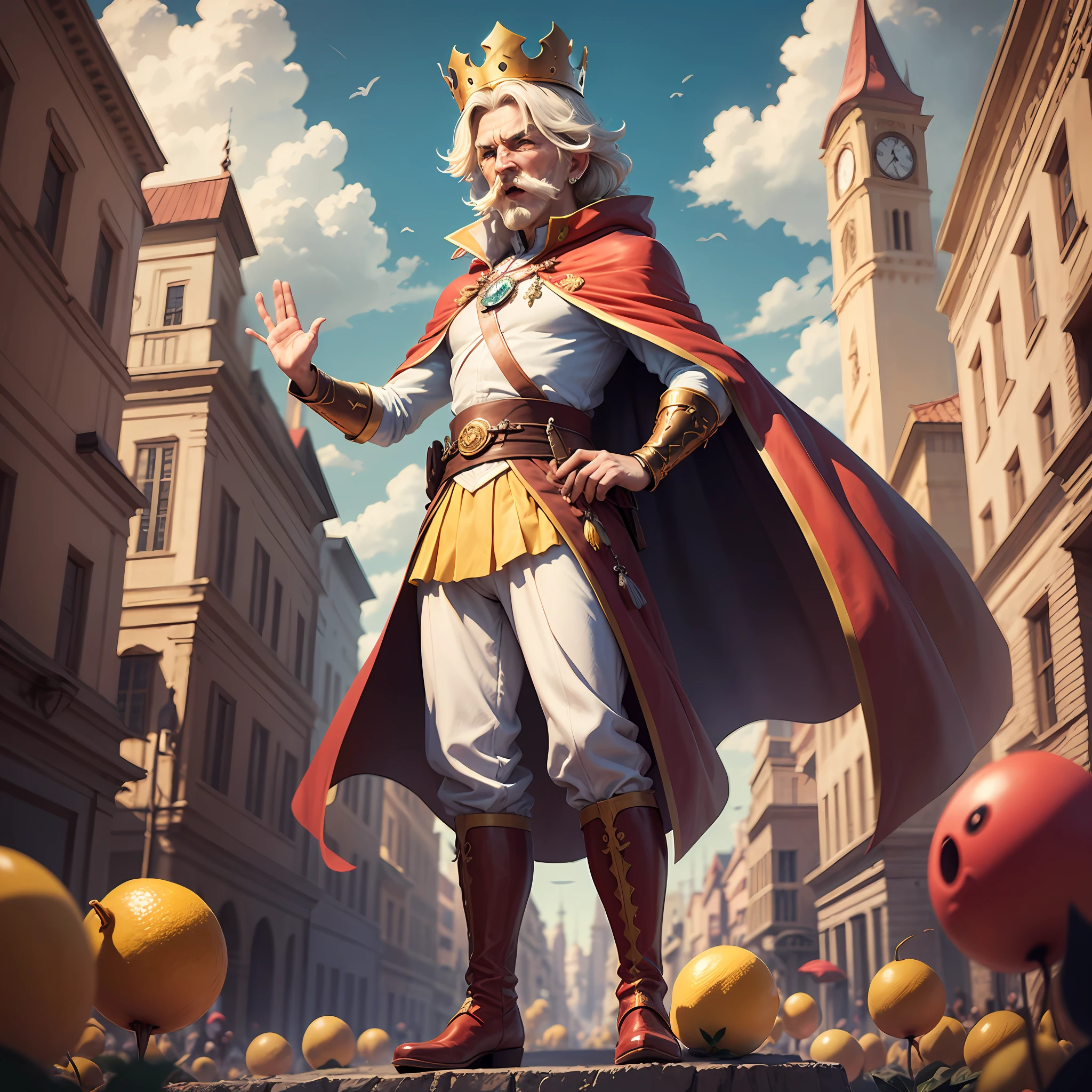 Italian fairy tale. 1200 years. Fruit Lemon with a face, a ruthless, evil, greedy and cruel ruler who does not care about his people. Standing on the podium and waving his arms. Thin long mustache. On the head is a small crown. Looks at everyone from top to bottom and yells slogans. Yellow royal clothes, with an award wide ribbon with orders. Red cape-cloak. Red high boots. Cartoon in the style of Disney Pixar. super photorealistic. Pastel muted colors. Urban blurred background, blue sky and clouds. DVD --auto --s2