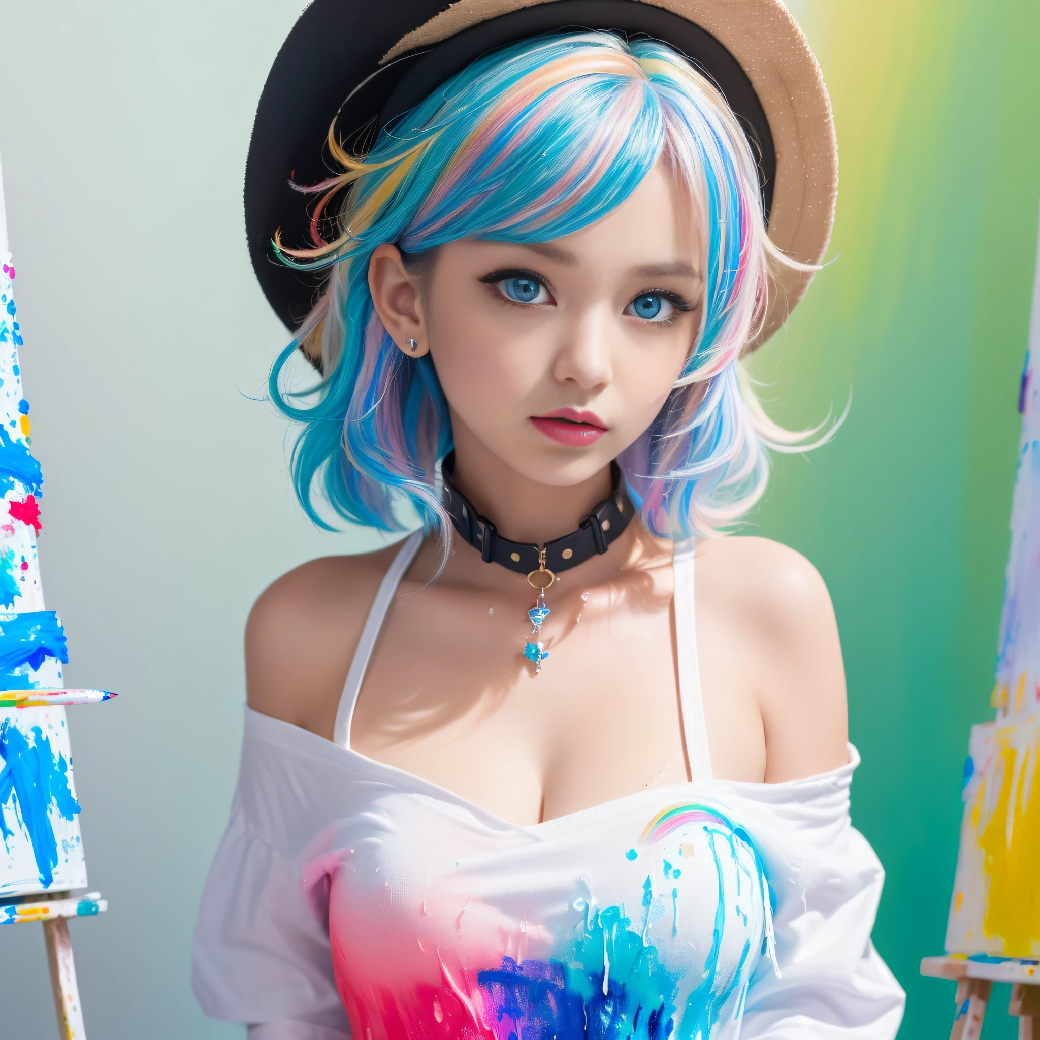 (Pink Fashion T-shirt:1.5),(Colorful hair: 1.5), (all the colours of the rainbow: 1.4),(((((unique hat :1.9))), (painting:1.6),front, comics, illustrations, paintings, large eyes, crystal clear eyes,( rainbow color gradient high ponytail:1.7), exquisite makeup, closed mouth,(Wipe Chest: 1.6) ,long eyelashes, white off shoulder T-shirt, White Shoulder Shirt,looking at the audience, large watery eyes, (rainbow colored hair:1.6), color splash, (solo:1.8),Upper Body, Paint Splash, Acrylic Pigment, Gradient, Paint, Highest Image Quality, Highest Quality, Masterpiece, Solo, (((Depth of Field:1.5))), (((masterpiece))),(((best quality))),((ultra-detailed)),(illustration),(dynamic angle),((floating)),(paint),((disheveled hair)),(solo),(1girl) , ,((beautiful detailed face)),collar,bare shoulders,white hair, ((colorful hair)),((streaked hair)),beautiful detailed eyes,(Gradient eyes),(((high saturation))),