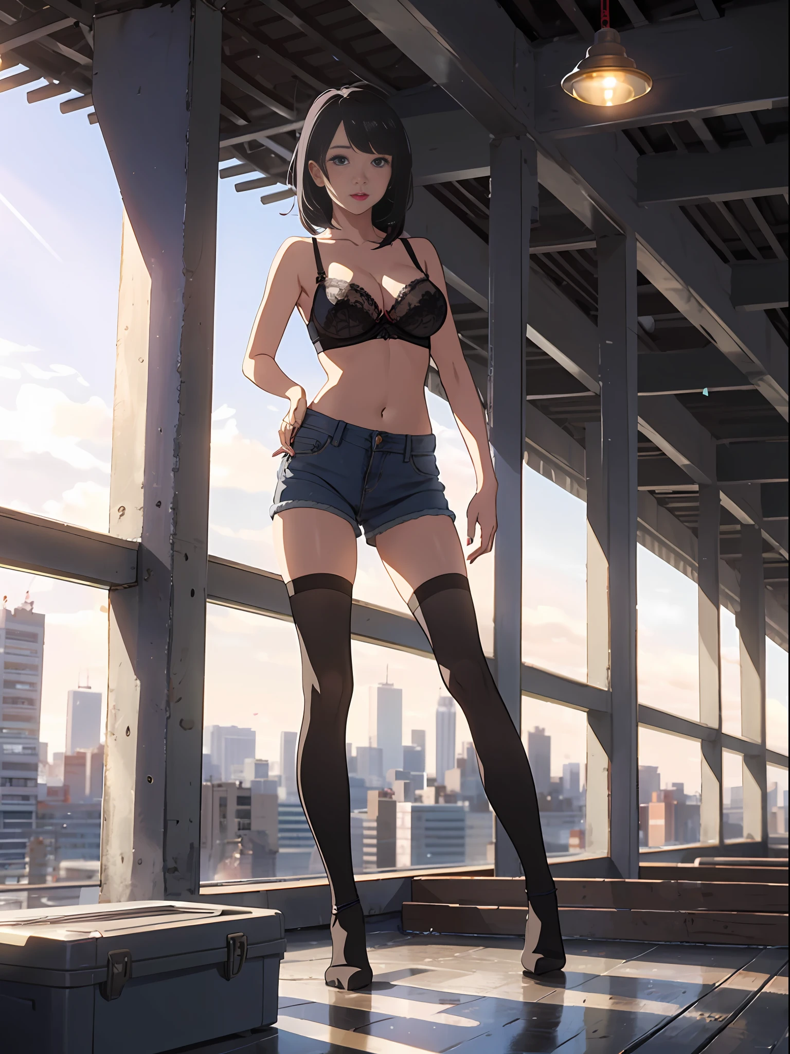 Sexy woman,Wear skinny denim shorts,Wearing a lace bra,Wearing white stockings,Black color hair,hason,boobgasm,solo person,独奏,City blocks,standing on your feet,llight rays,Aika,looking at viewert,ssmile,desire big breasts,officla,photography of,largeaperture,超高分辨率,8K,Ray traching --auto