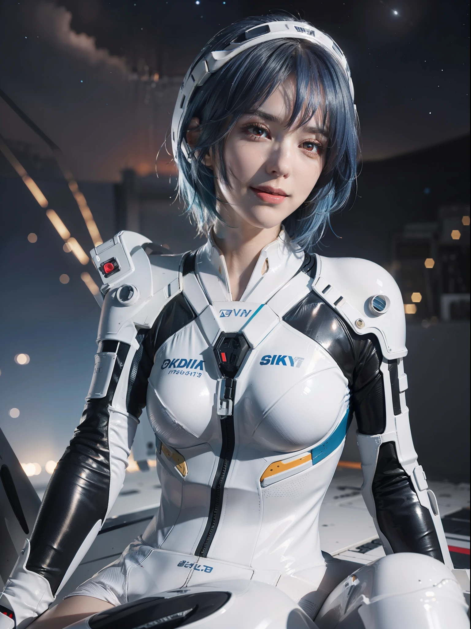 ayanami rei, star_\(sky\), sexy expression, sexy eyes, (red_eyes:1.4), red pupils, medium breasts, smile, cute, short hair, (blue hair:1.2), plugsuit, white_bodysuit, pilot_suit, starry_sky, on the floor, interface_headset, looking at viewer, (sit pose:1.2), (breast focus:1.2), (realistic:1.2), (cowboy shot: 1.2), (realism), (masterpiece:1.2), (best quality), (ultra detailed), (8k, 4k, intricate), (85mm), light particles, lighting, (highly detailed:1.2), (detailed face:1.2), (gradients), colorful, (detailed eyes:1.2), (detailed sky:1.2), (detailed background), (dynamic angle:1.2), (dynamic pose:1.2), (Line of action:1.2), wide shot, nightlight, solo.