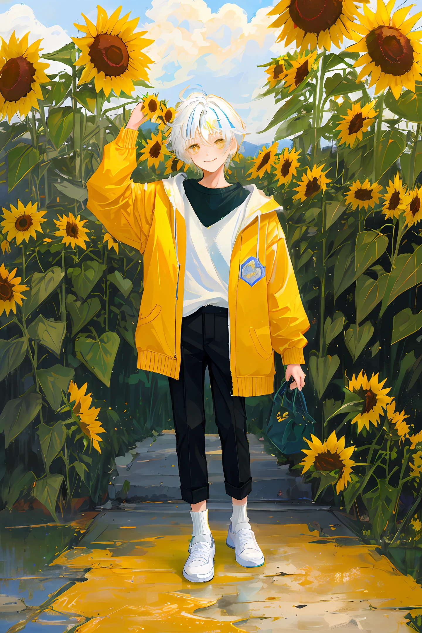 Angel little boy teenager, smiling, blushing, white hair, golden eyes, white long-sleeved shirt, yellow sweater jacket, black pants, holding sunflower in hand, white socks, white sneakers