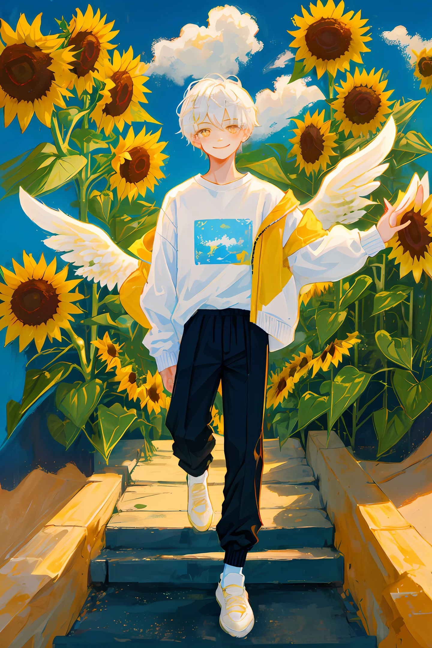 Angel , smiling, blushing, white hair, golden eyes, white long-sleeved shirt, yellow sweater jacket, black pants, holding sunflower in hand, white socks, white sneakers