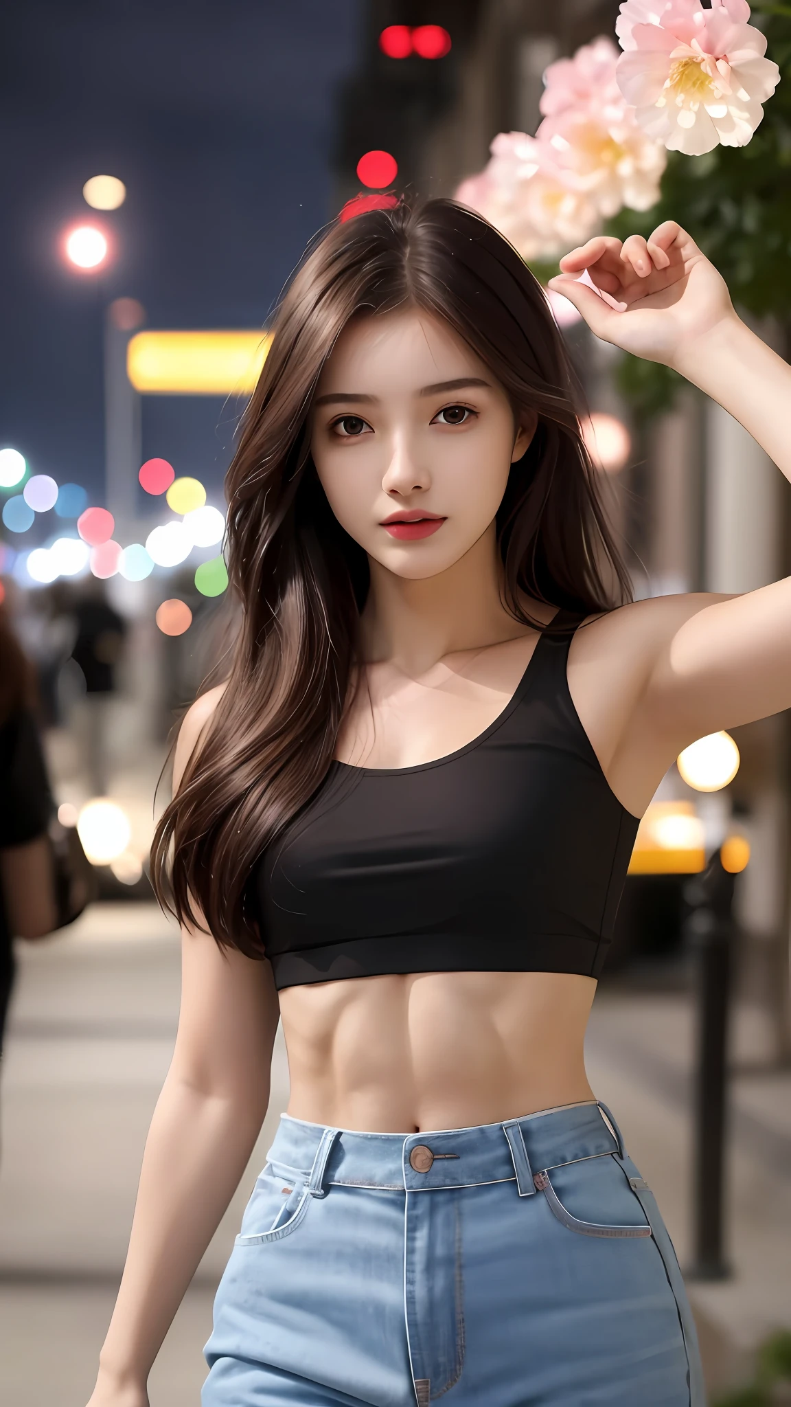 ((Realistic lighting, Best quality, 8K, Masterpiece: 1.3)), Clear focus: 1.2, 1girl, Perfect Figure: 1.4, Slim Abs: 1.1, ((Dark brown hair)), (White crop top: 1.4), (Outdoor, Night: 1.1), City streets, Super fine face, Fine eyes, Double eyelids,