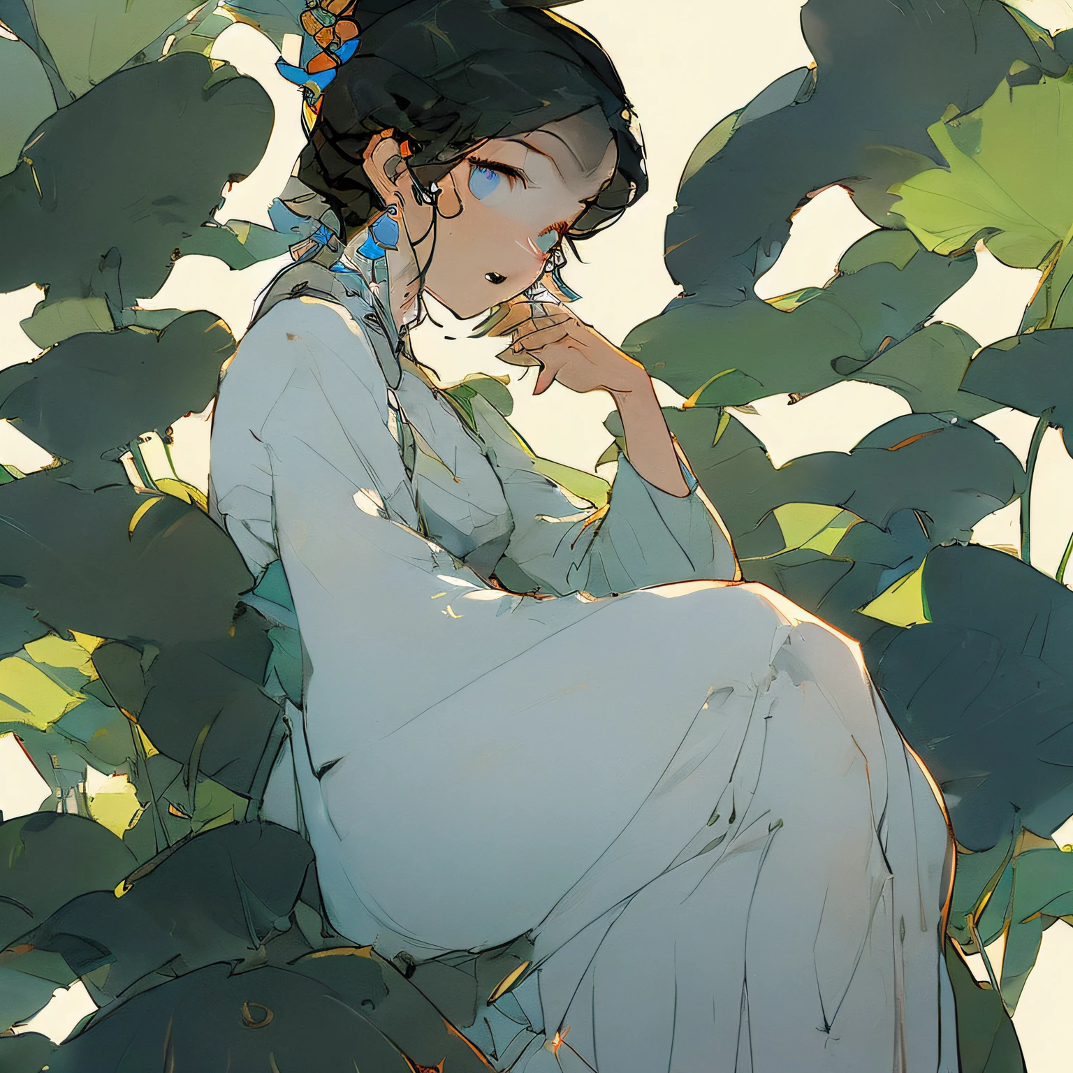 (Best Picture Quality,Ink style biographical Chinese painting)A girl in Hanfu on a lotus pond,Wear a conservative long dress,Mop the floor by。and she smiling,Stand in a lotus pond,Long blue gorgeous hair flutters in the wind,Step barefoot on the edge of turquoise water,It's like a picture scroll。 --auto