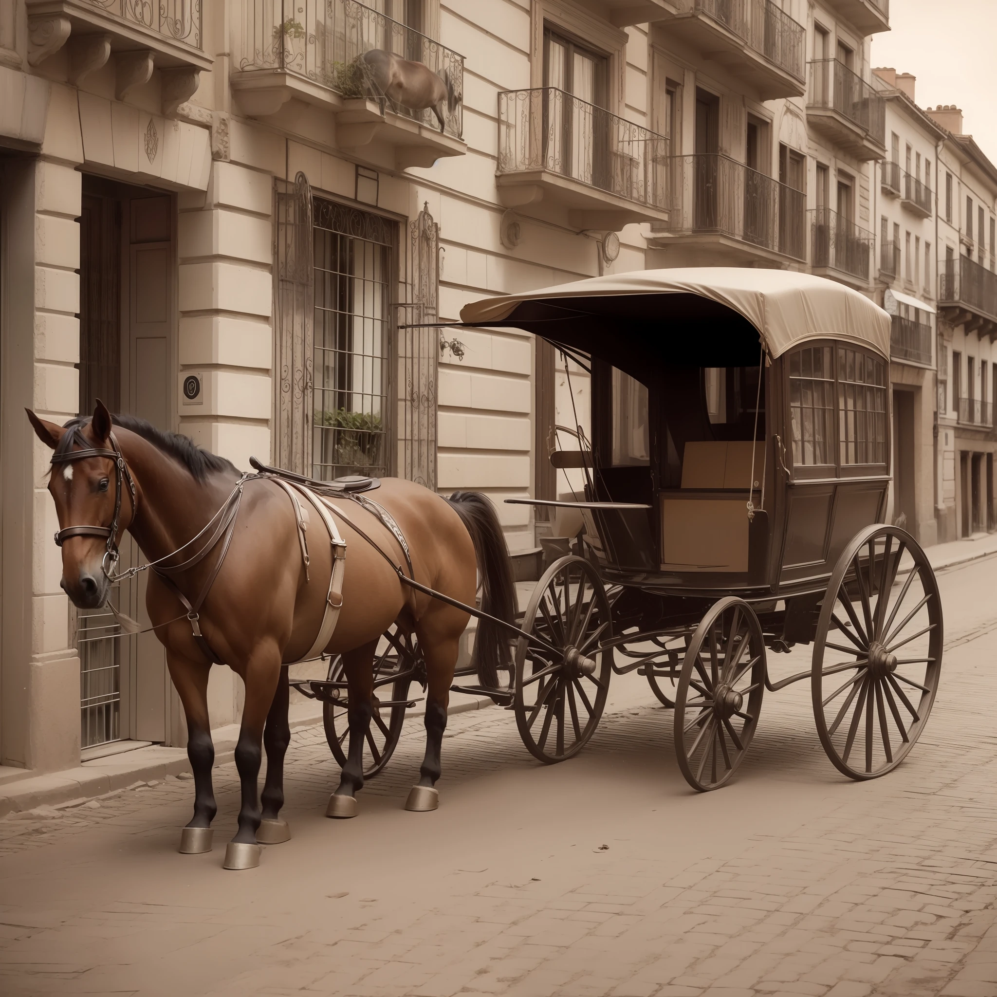 Foto sepia de un carro tirado por un caballo en Madrid en 1900. Pintura digital. Ultra sharp and cinematic