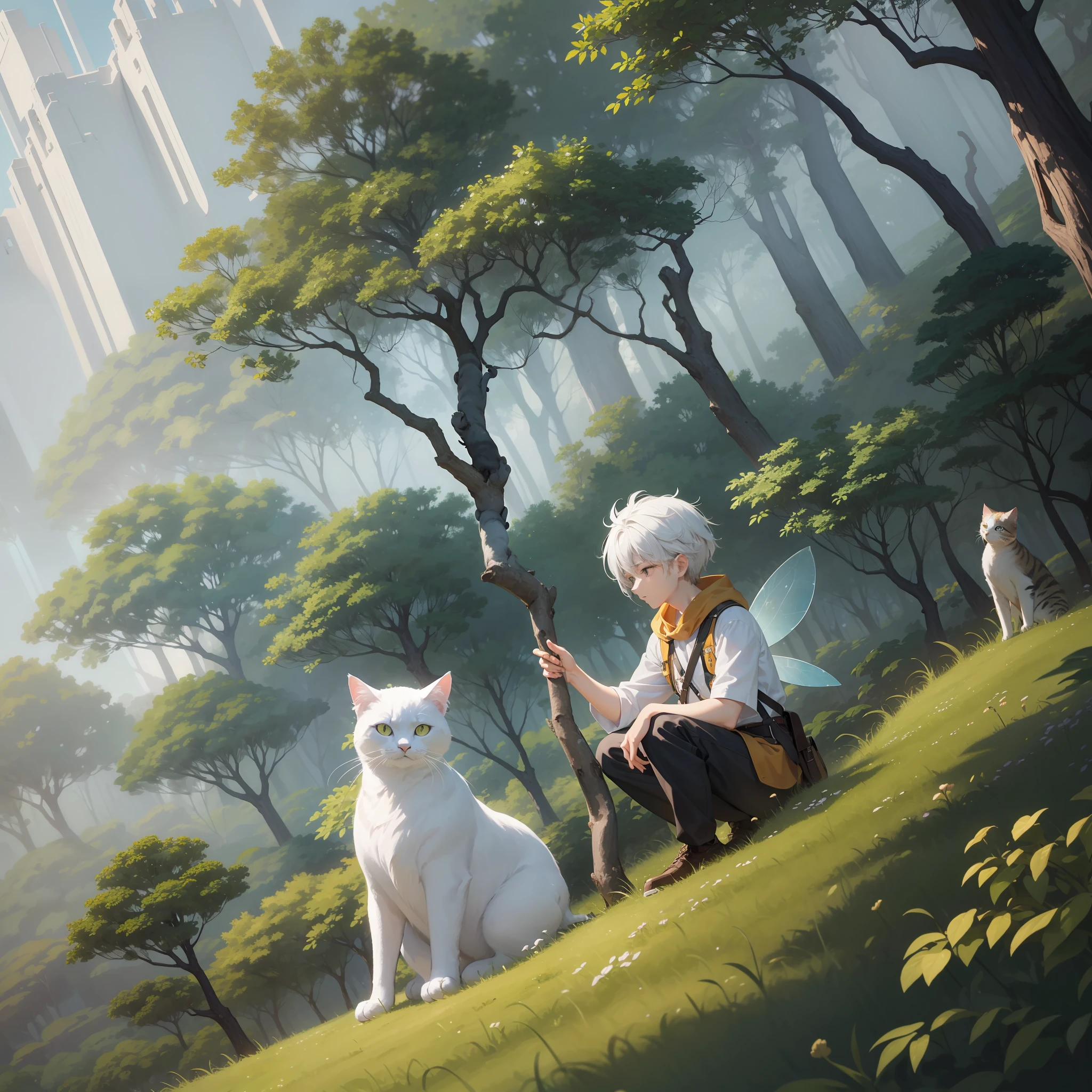 Tree-lined forest, dreamlike perspective, high-angle, A glowing white-haired boy and a cat standing on a branch,
Minimalism, Vast greenery, animation art style, palette
bright, oshare kei, dark white and amber, Loose brush
stroke, Dark green and light red, fairy air, precision
picture, Traincore, Hallyu - AR4:3