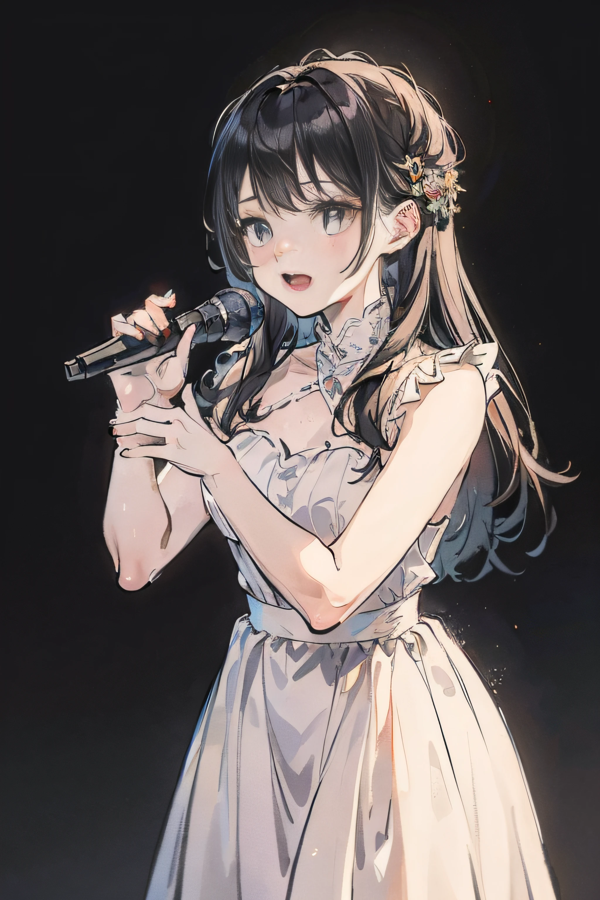 ((Top quality, 8K, 32 k, Mastepiece: 1.2)) a girl singing into a microphone, White dress, simple background inside dark, strong lighting,