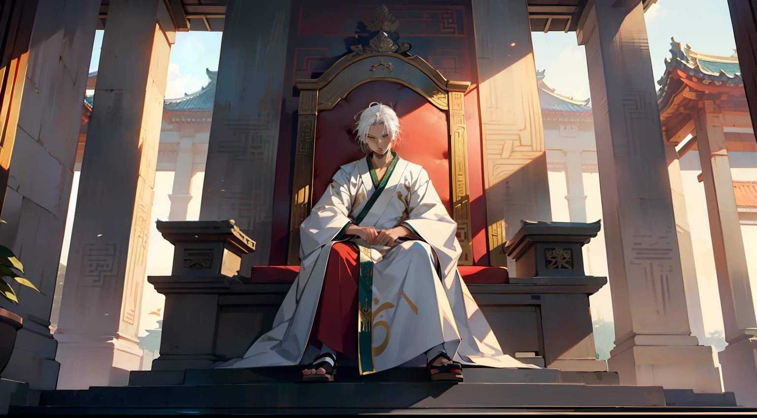 18. (The boy, with (((white hair))), dressed in white Hanfu, sits on the sacred throne, looking disappointed) (Background: A magnificent ancient imperial palace, resplendent with gold and jade).
