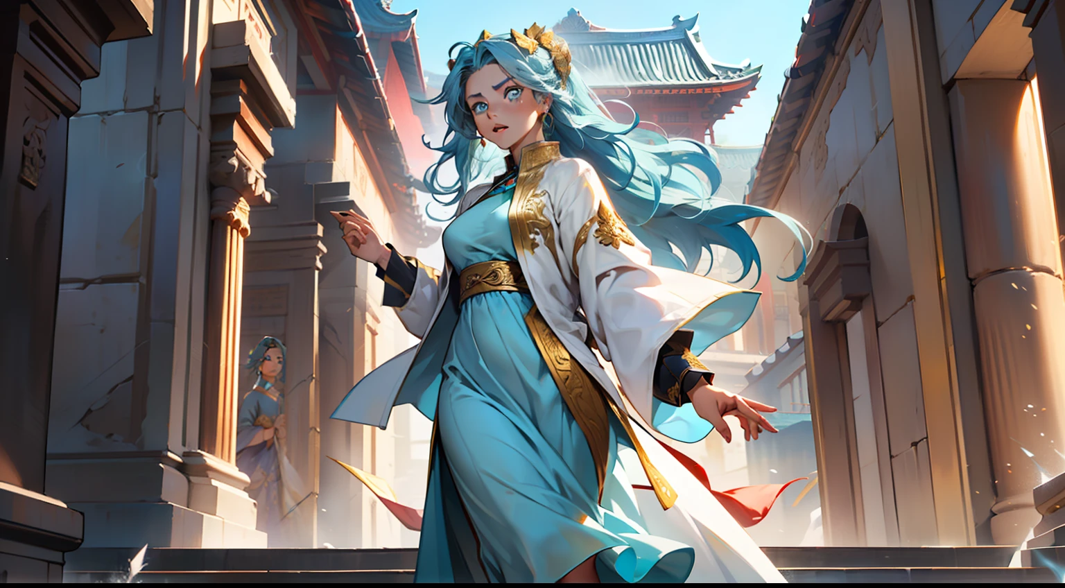 19. (The girl, with (((Blue Eyes))) and long blue hair, wearing a light blue dress with a white gauze jacket, a young woman graceful and dignified, looks surprised) (Background: A magnificent ancient imperial palace, resplendent with gold and jade).