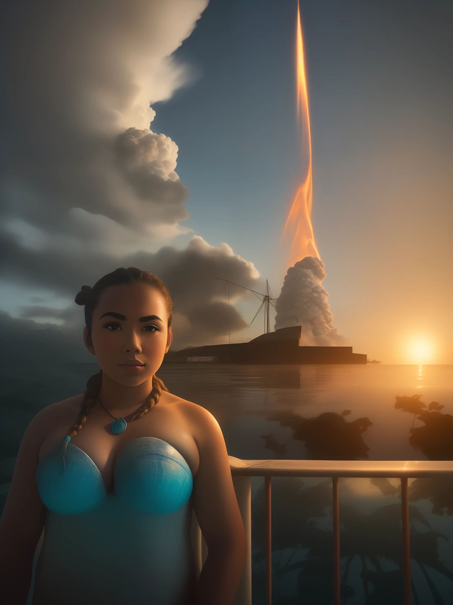epic movie poster, volcano erupting, award winning (full body:1.3) portrait photo of a (moana:1.2), (seashell bikini:1.2), (water goddess:1.2), tribal tattoos, (wading:1.2) in the pacific (ocean:1.1), arms behind head, (partially submerged shot:1.2), (waves:0.9), desert island background, palm trees, beach,fluffy clouds in the sky, outrun, vaporware, trending on artstation, highly detailed, fine detail, intricate, (lens flare:0.9), (backlighting:0.9), (bloom:0.9), [Style-Micro::10]