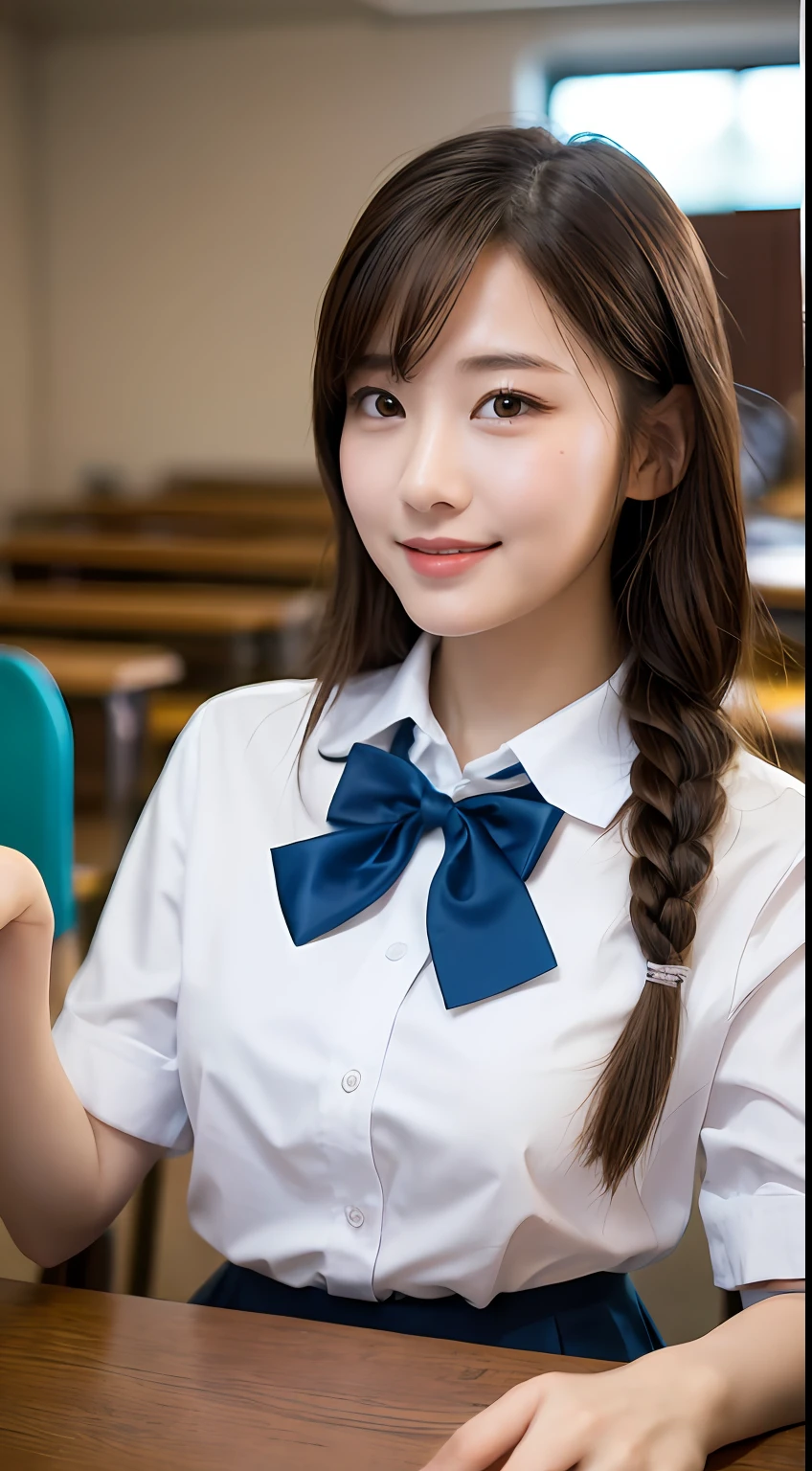 Highly detailed 8K wallpapers），Clear focus，A detailed，dramatics，delicate beautiful schoolgirl，Sheer white shirt，blue bowtie，Dark blue pleated miniature miniature，pale brown hair，Smooth braids，Raised sexy，ssmile，peeking at the viewer，Beautiful graphics，bright schoolhouse，Full of students，showing whole body。