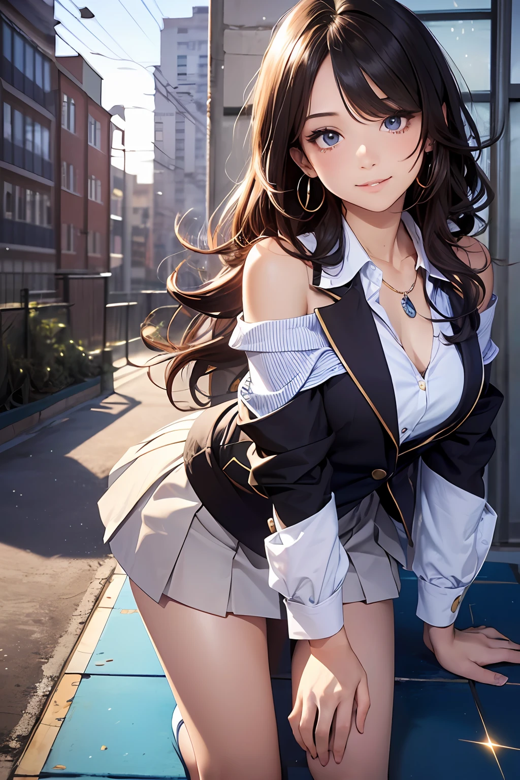 (masutepiece: 1.3), (max resolution: 1.2), (Ultra HDTV: 1.2), cinema lite, Ultra HDTV, (Detailed eyes and skin), (detailed facial features), ultgp, 8K resolution, Sharp Focus: 1.2, Perfect Style, Beautiful Face, accurate, Anatomically correct, Highly detailed face and skin texture, Detailed eyes, Dark-blue eyes, Double eyelids, Thin eyebrows, dropping eyes, (Glitter Eyeliner:1.2), Natural cheeks, Glossy skin, (Fair skin:1.2), shiny necklace and earrings, (Glossy lips: 1.4), break, absurderes, One-person viewpoint, (she is high school Student), (Wearing a Button up shirt, blazer, Pleated mini skirt, high heels), ((off-shoulder:1.2)), (shy smile:1.2), ((Innocent and very cute girl:1.3)), (Layered hairstyle, Wavy Hair), (Dark brown hair:1.2), Medium Long Hair, (Full body shot: 1.2), Focus on Face, medium large breasts, ((sexy pose on Instagram:1.2)), ((In the School Rooftop at night)),
