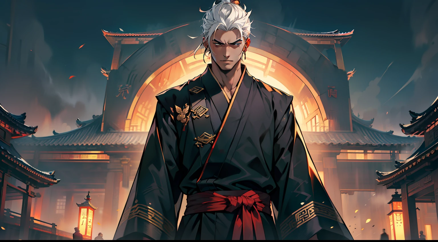 21. (A young man in black clothes and white hair appears, holding a boy who has been tortured to a miserable state, dressed in a black coat and black Hanfu, with black hair, handsome and ragged) (Background: A magnificent ancient imperial palace, resplendent with gold and jade).