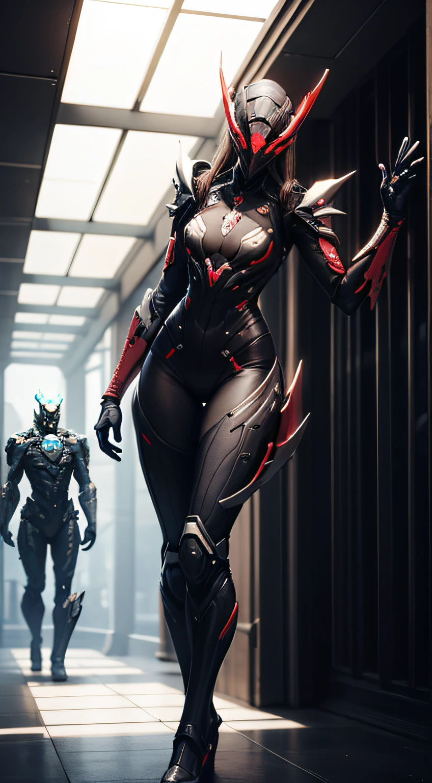 There is a man standing in a sci-fi style tunnel,There is sci-fi, detailed warframe, tentacles climb from the portal, battle armor, thick warframe legs, thick smooth warframe legs, vortex portal banish the elders, warframe infested art, Trenin Art Station, of a beautiful saryn warframe, warframe destiny,Highlight the characters,Zoom in on the character,The background is blurred out --auto