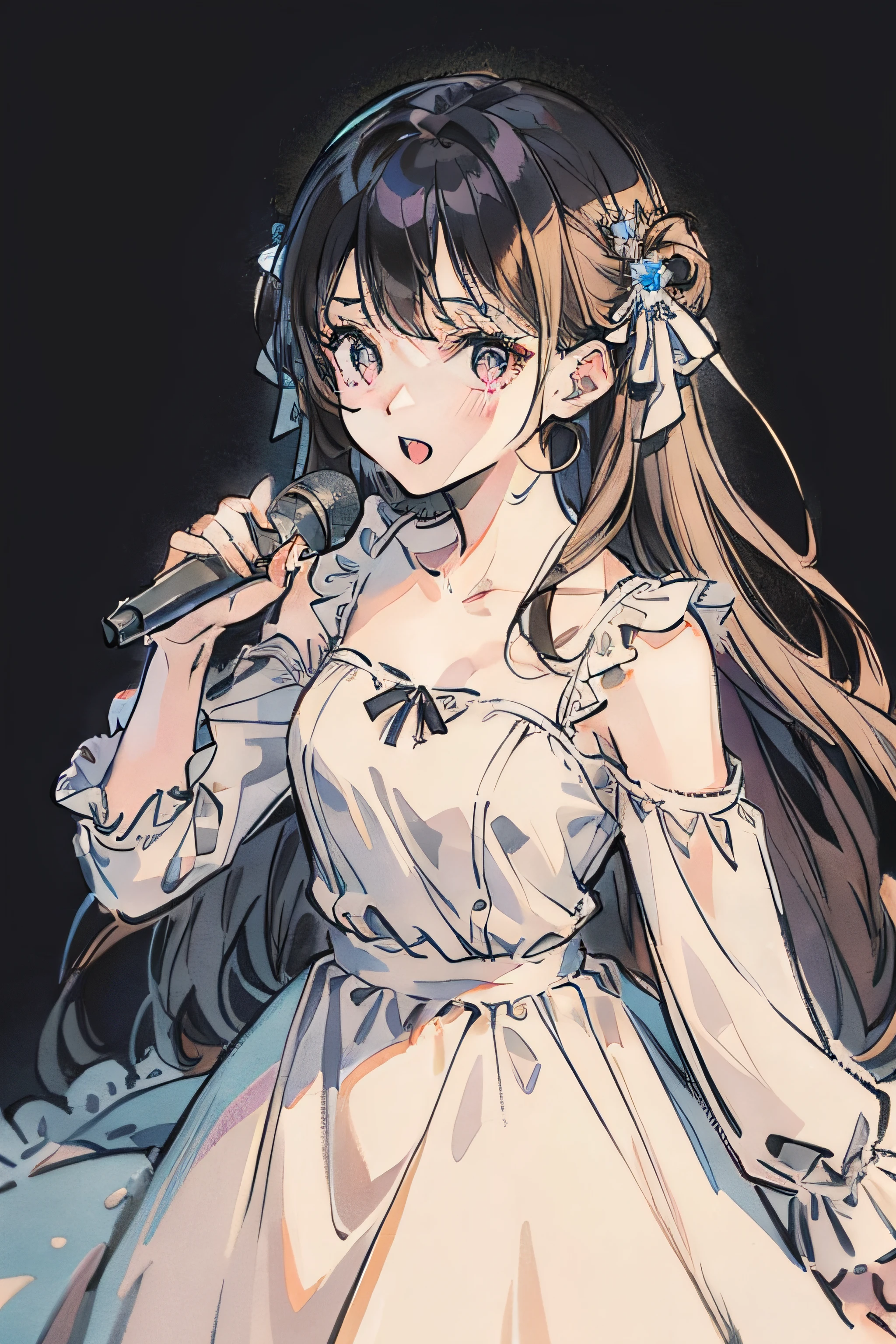 ((Top quality, 8K, 32 k, Mastepiece: 1.2)) a girl singing into a microphone, White dress, simple background inside dark, strong lighting,